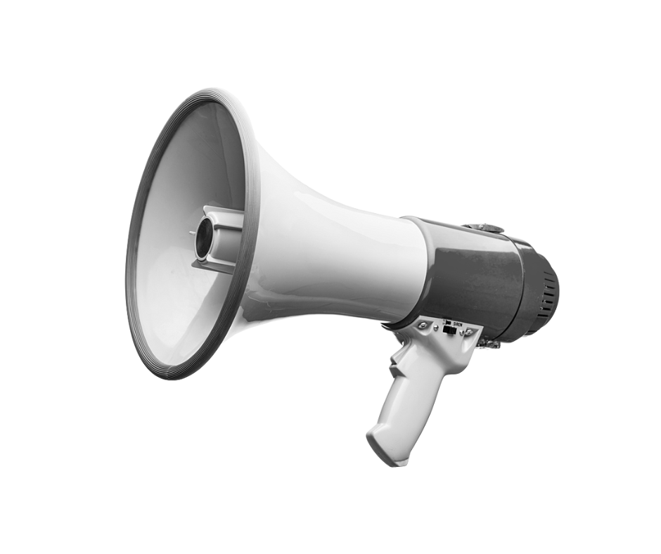 A black and white photograph of a megaphone, with a large conical speaker and a handle for holding.