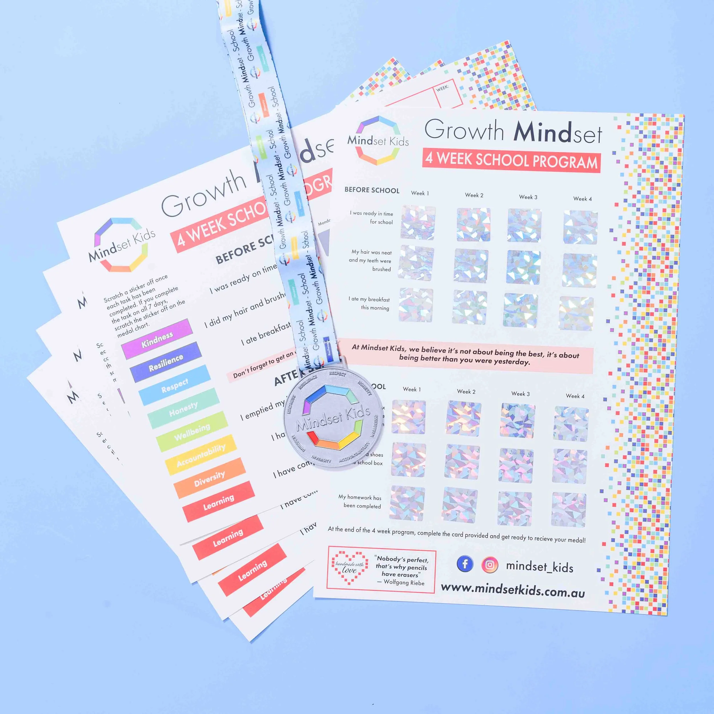 Four colorful worksheets for a 4-week school program called Growth Mindset, with schedules, motivational quotes, and stickers, along with a medal with a similar design attached to a ribbon.