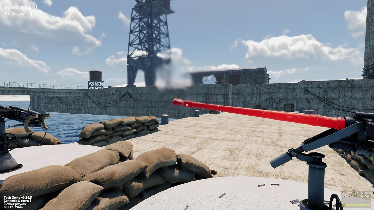 Some gorgeous VFX (heat blur and overheat color propogation on barrel) on the abused flak gun. Flak casings are also fully networked and persistent, allowing you to see remnants of those who came before you.