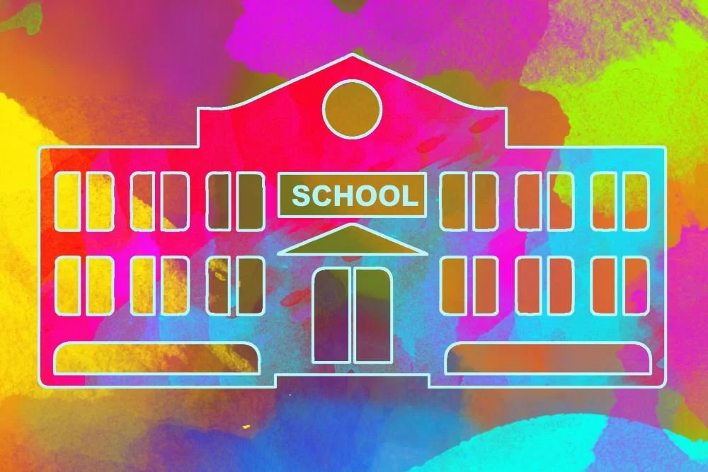 Colourful illustration of the outline of a school building layered over swirls of colours.