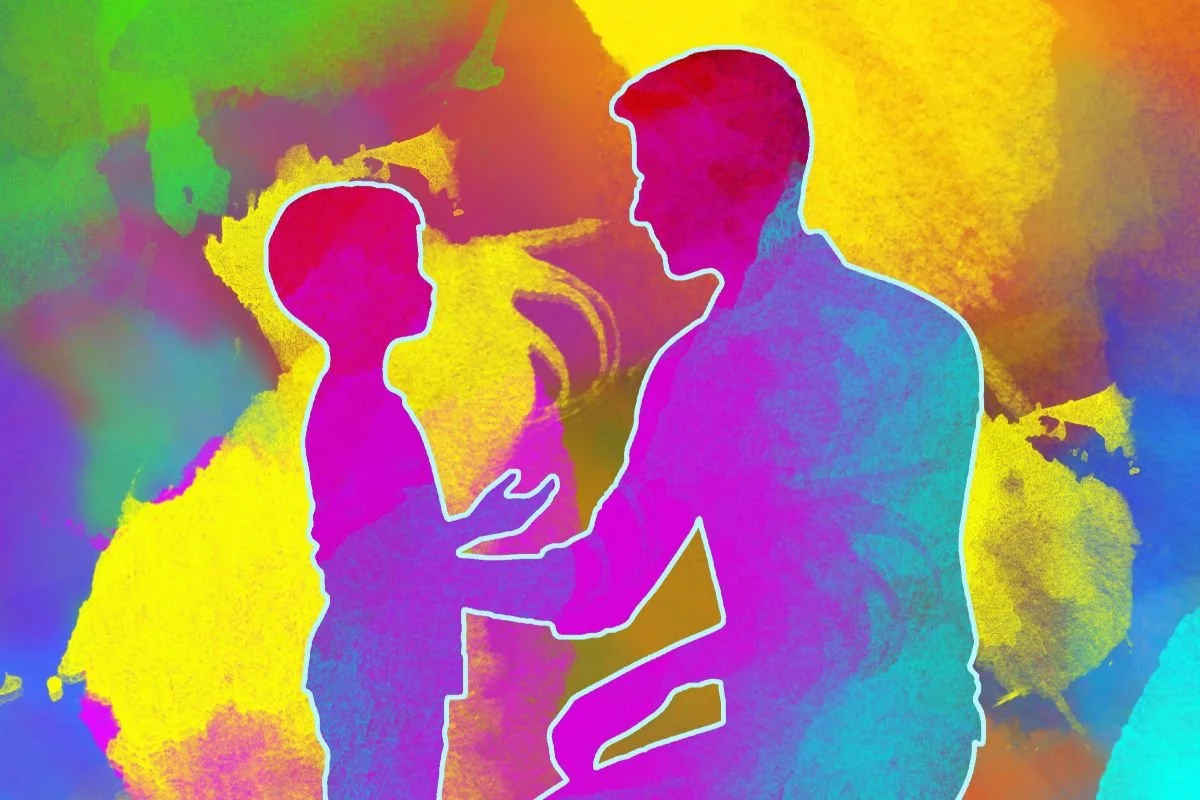 Colourful illustration of a child and parent speaking together, the parent is being supportive.