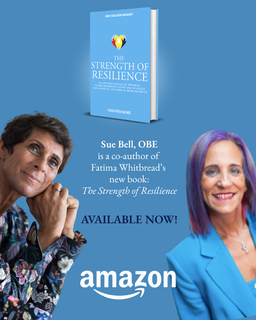 Fatima Whitbread and Sue Bell OBE DL with a graphic of The Strength of Resilience book.