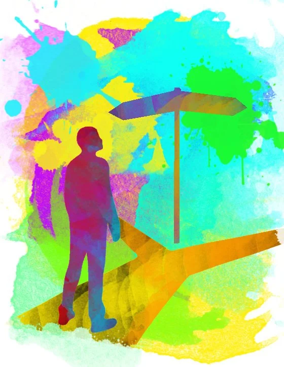 Inspire Wellbeing Services colourful graphic with a silohuete of a man standing on a path with two different directions on a signpost.