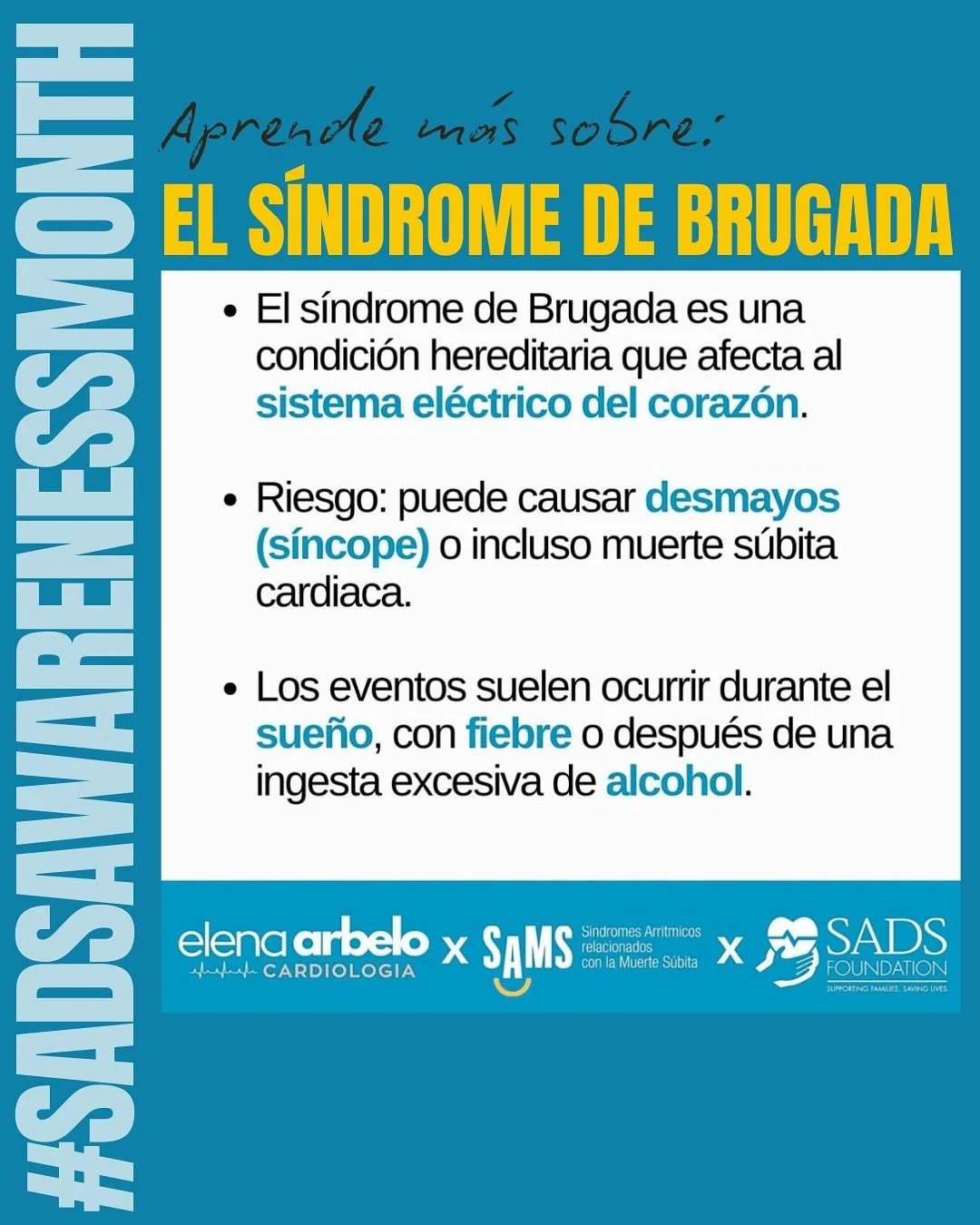 &iexcl;Nos unimos a @sadsfoundation y @elenaarbelo.cardiologia en el #SADSAwarenessMonth! Y empezamos hablando del #S&iacute;ndromedeBrugada.

💙 La mayor&iacute;a de personas nunca ha o&iacute;do hablar del S&iacute;ndrome de Brugada &mdash;ay&uacut