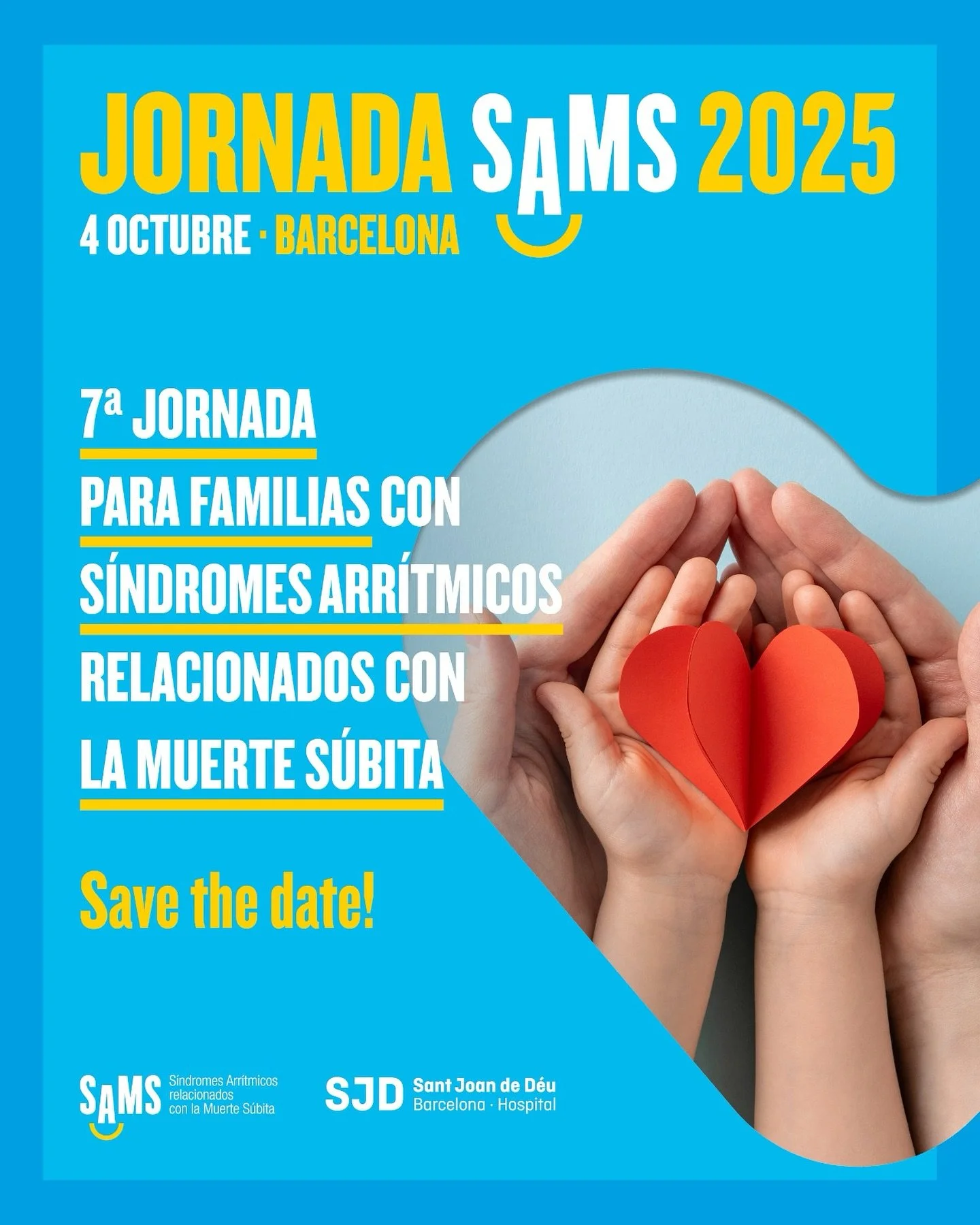 💛&iexcl;VUELVEN NUESTRA JORNADA SAMS!💙
Un a&ntilde;o m&aacute;s, celebramos la Jornada SAMS, con un programa pensado para pacientes y familias con miocardiopat&iacute;as y canalopat&iacute;as. Un d&iacute;a lleno de investigaci&oacute;n, apoyo y es
