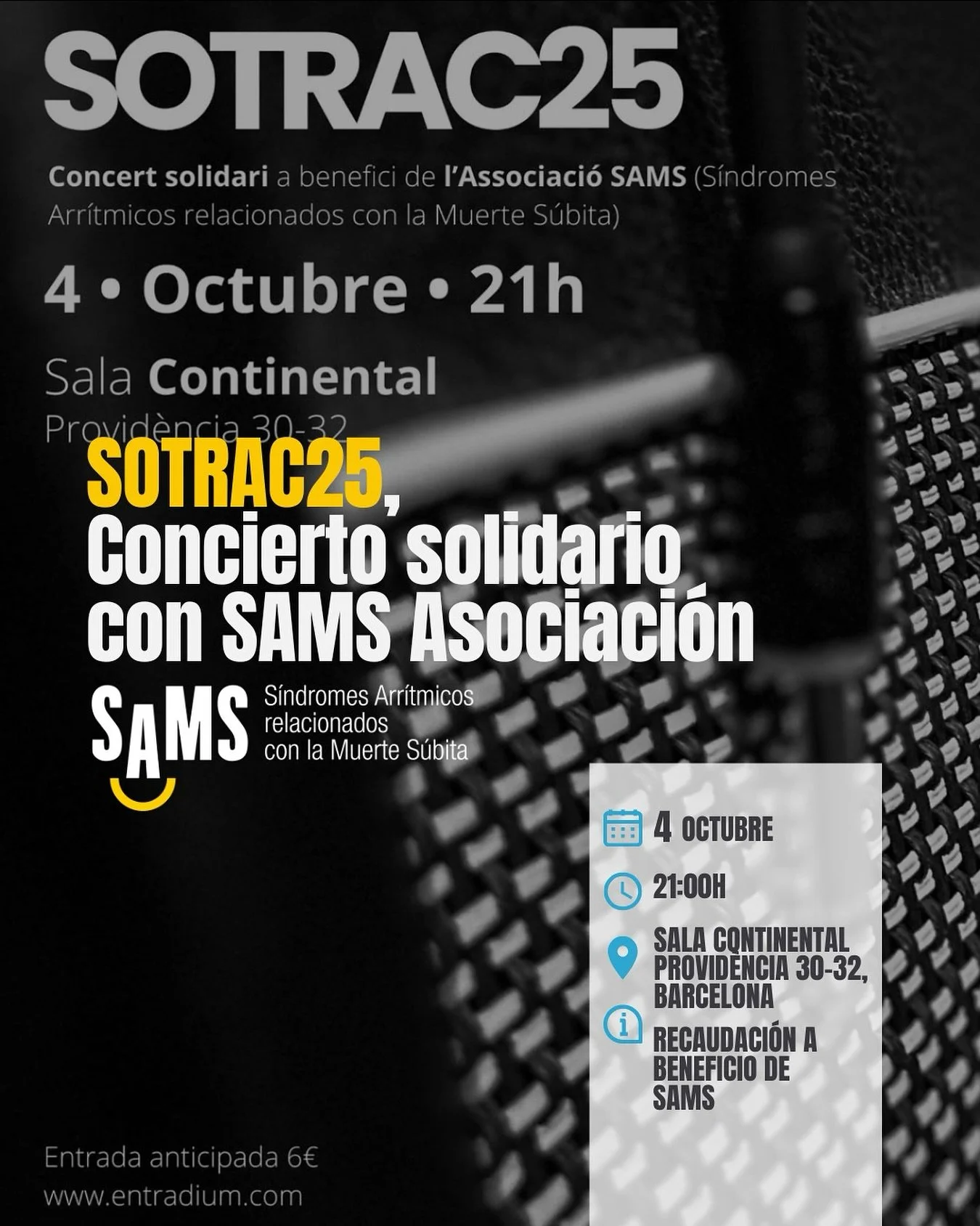 &iexcl; 🎸La banda Sotrac organiza un concierto solidario a beneficio de @samsasociacion y no puedes perd&eacute;rtelo! 

🗓️4 de octubre
⌚21h
📍Sala Continental, Carrer de Provid&egrave;ncia 30-32, Barcelona

🎟️La entrada cuesta 6&euro;, destinados