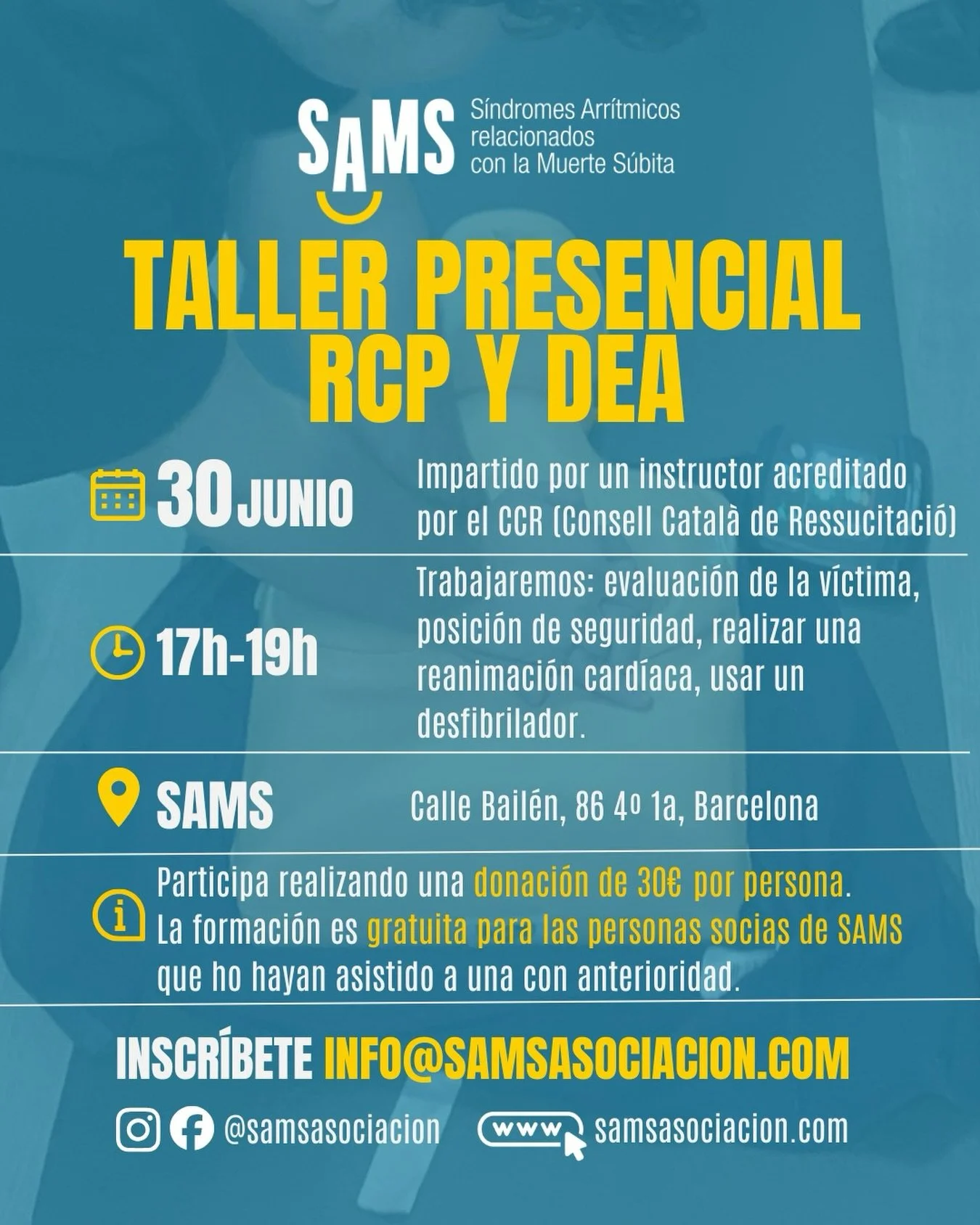 📣Ya lo tenemos todo listo para nuestro pr&oacute;ximo taller, &iexcl;anota la fecha! : el martes 30 de junio podr&aacute;s asistir a nuestro taller te&oacute;rico-pr&aacute;ctico de soporte vital b&aacute;sico para adultos en las oficinas de @samsas