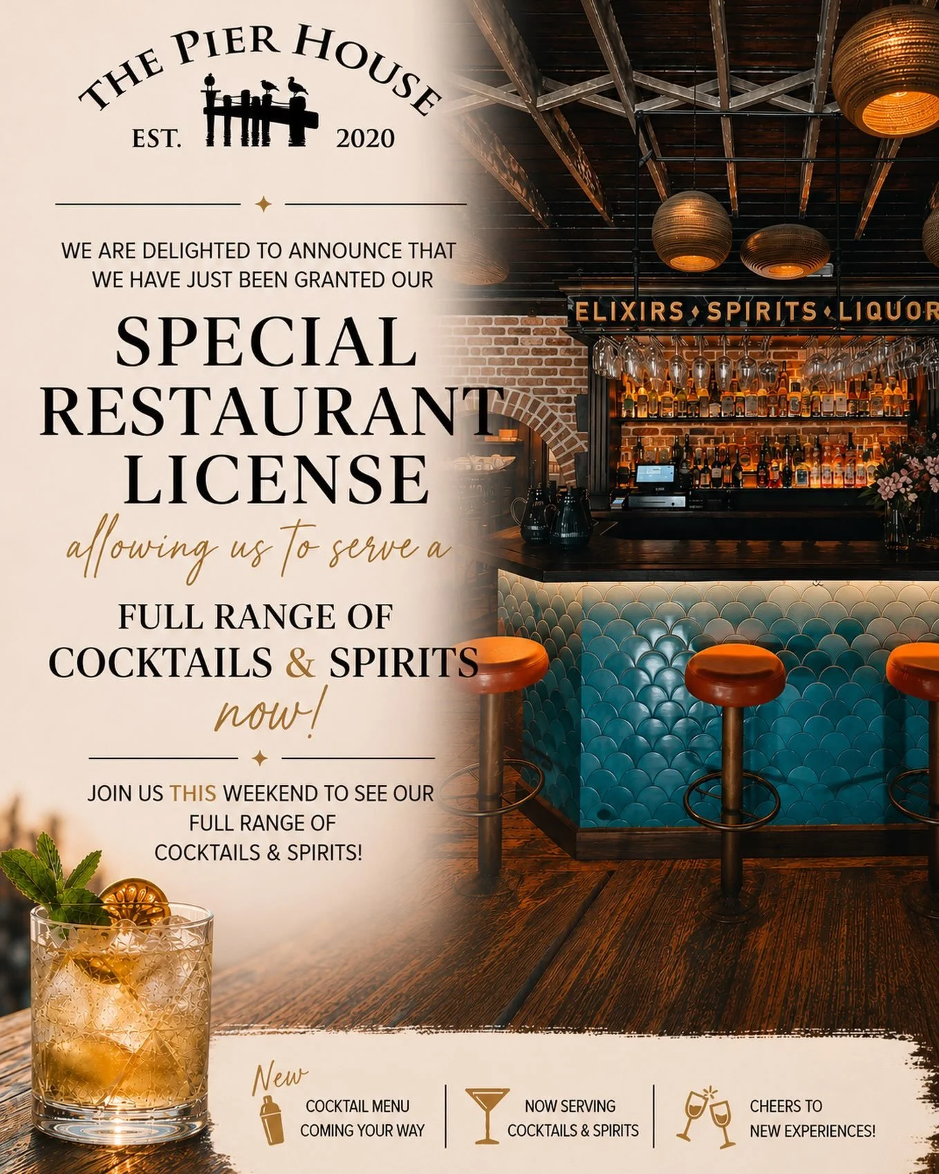 Big news at The Pier House! 🍸

We&rsquo;re excited to announce that we now have our Full Special Restaurant Licence, which means we&rsquo;re officially serving cocktails, spirits, wine and beer.

To celebrate, we&rsquo;ve created a brand new cocktai