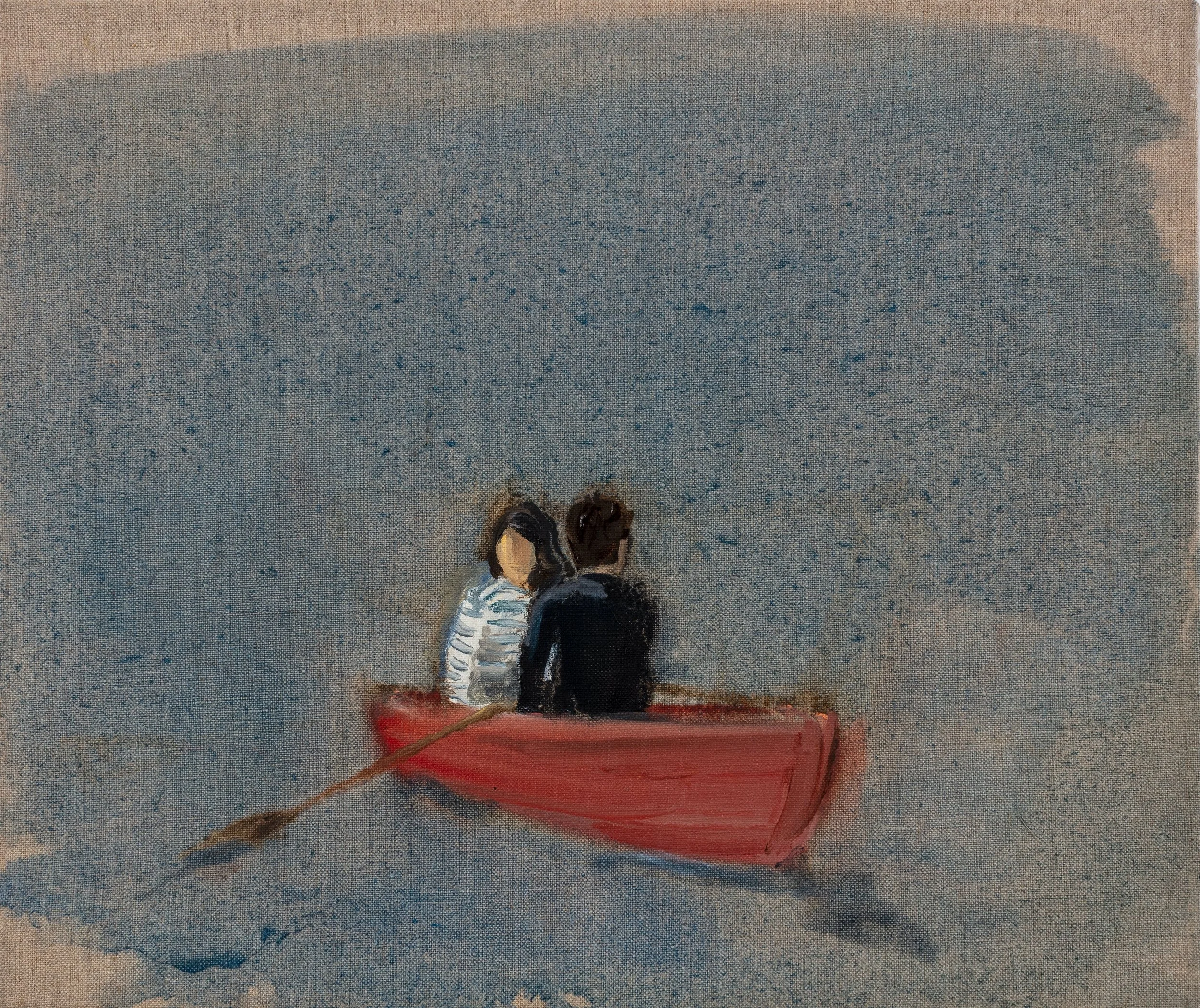 Gideon Rubin, 'Red Dinghy', 2023. Oil on linen, 25 x 30 cm.