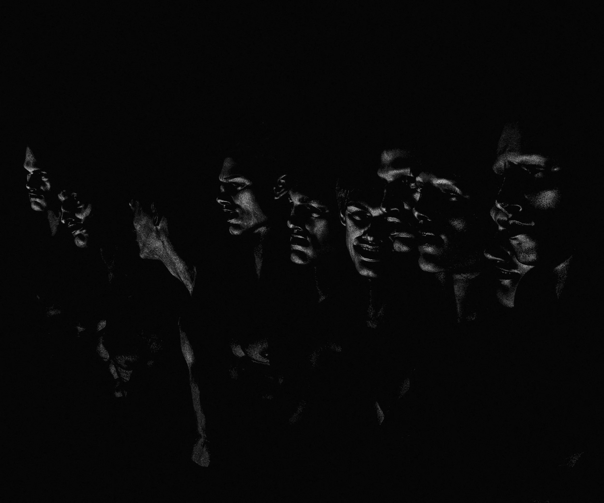 Hardy Hill, 10 figures in group (theatre 10), 2026. Cliché verre on fibre paper, 51 x 61 cm.