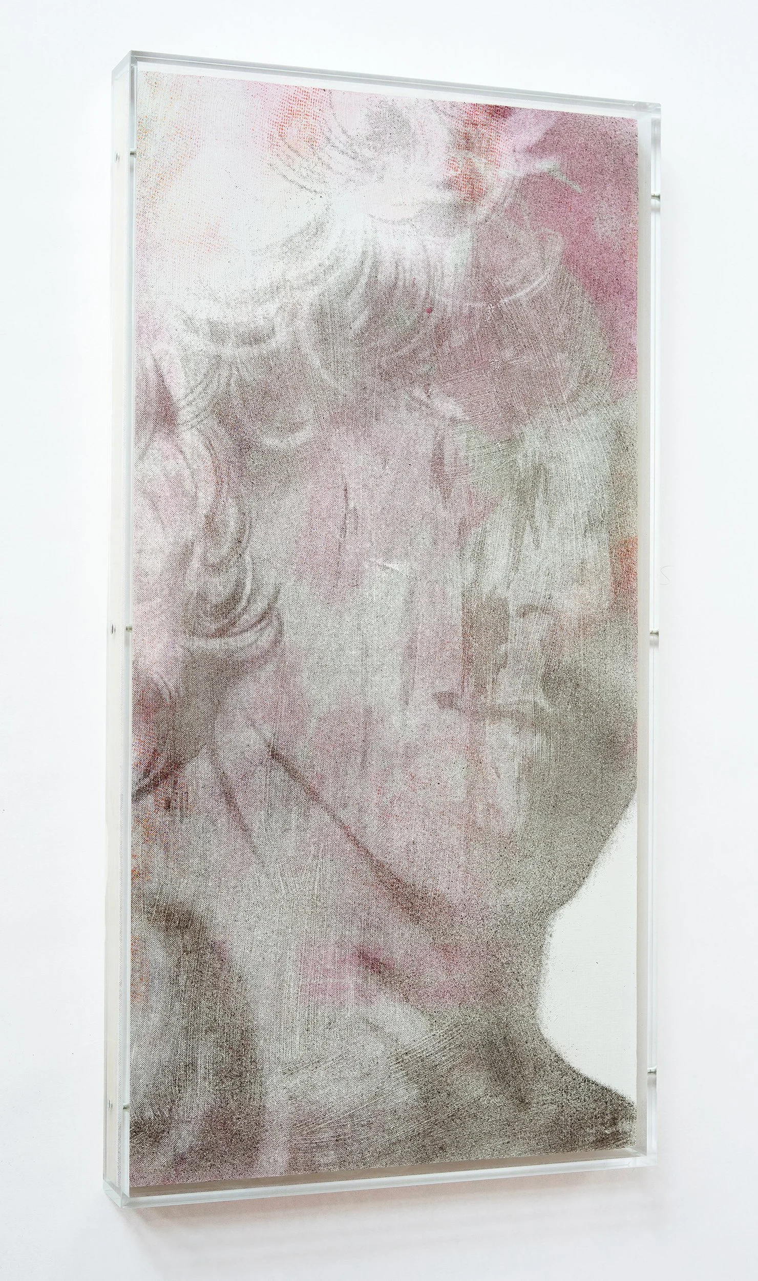 Louis Blue Newby, Untitled (Dust Painting), 2026. Dust, crisco, UV print and oil on wooden panel in perspex case, 31 x 61 x 4 cm.