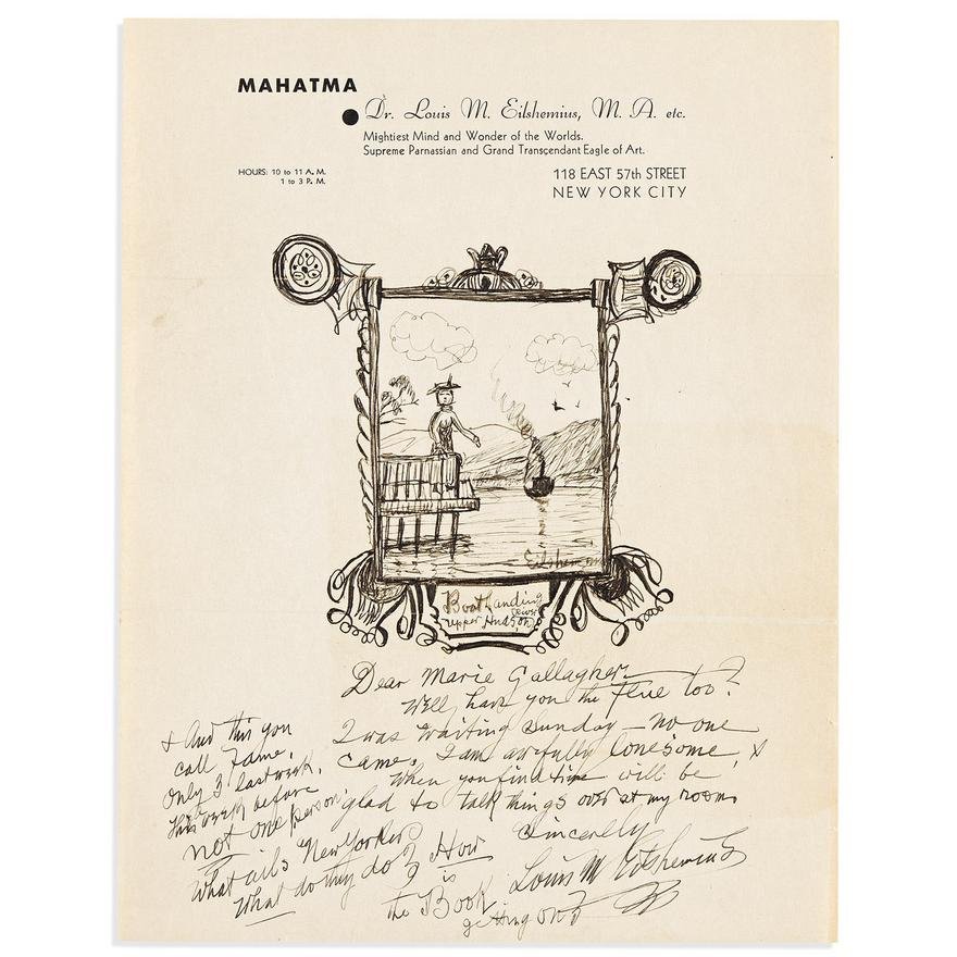 Louis Eilshemius, autograph letter to Marie Gallagher. Ink on paper.