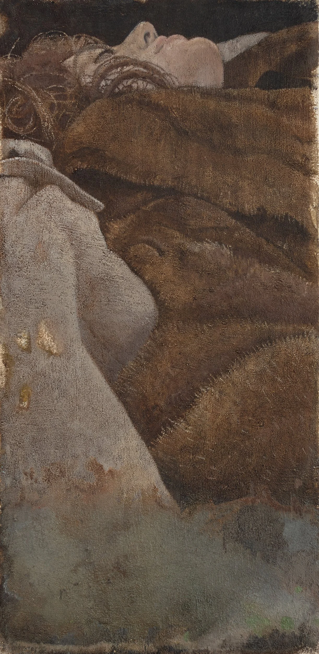 Marc Prats-Quintana, Claudette in Fur, 2026. Oil, sand, wood varnish and shellac on canvas, 60 x 30 cm.