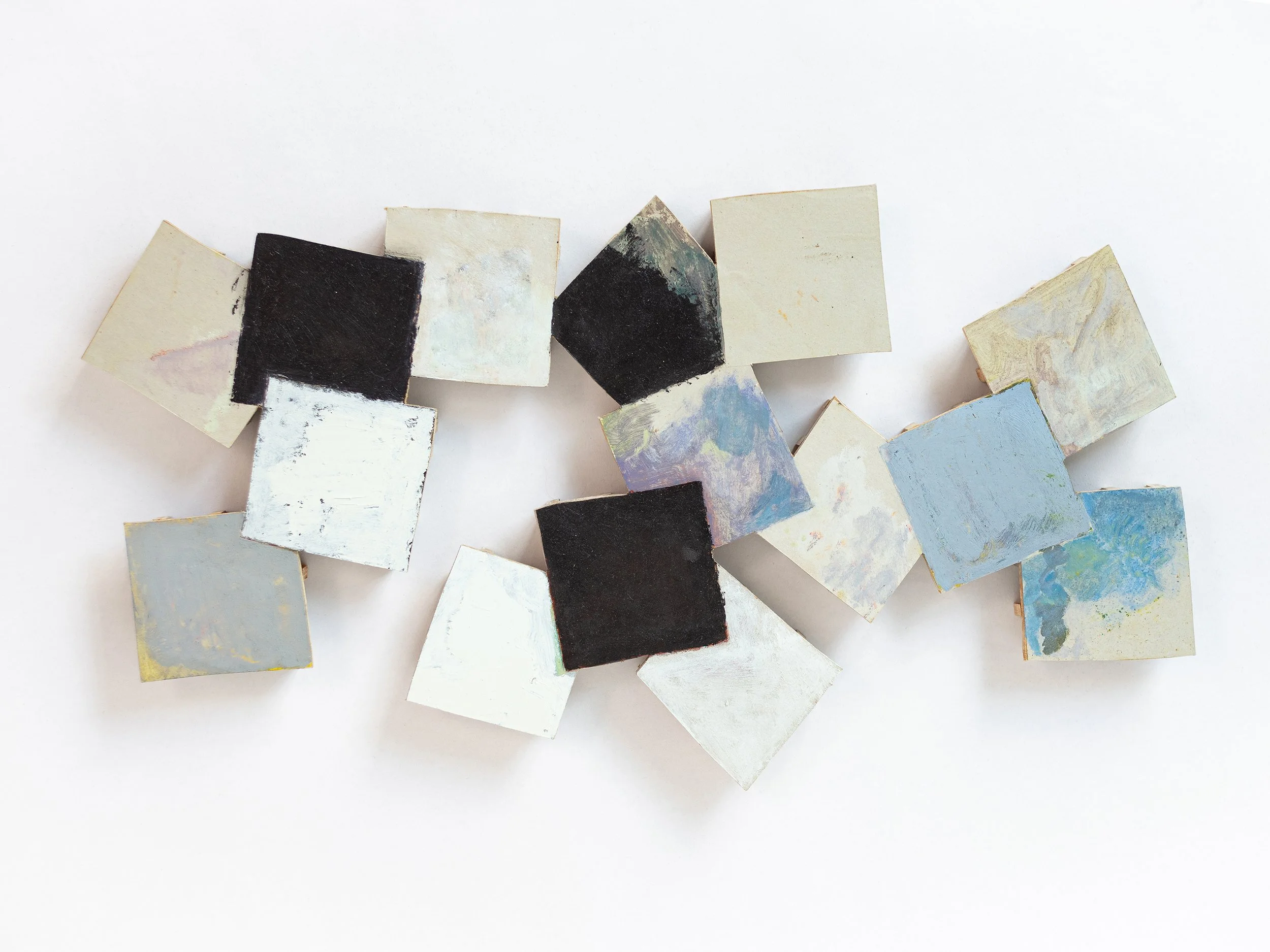 Pol Wah Tse, J, 2026. Oil on paper collage, wood. 30.5 x 56 cm.
