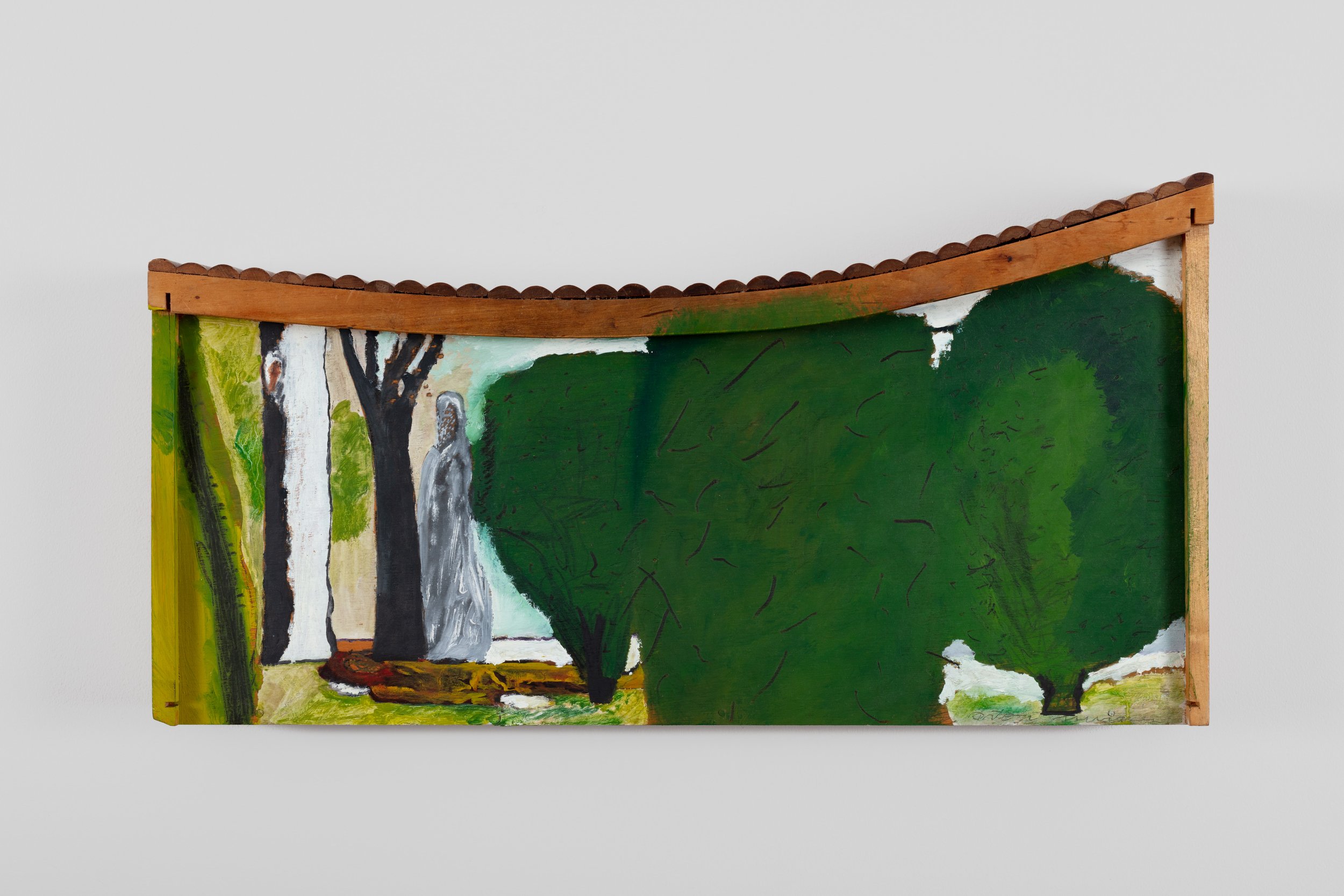 Anton Munar, 'Tumbado y creciendo - lying down and growing'. Oil on found wooden drawer, 51 x 26 cm.
