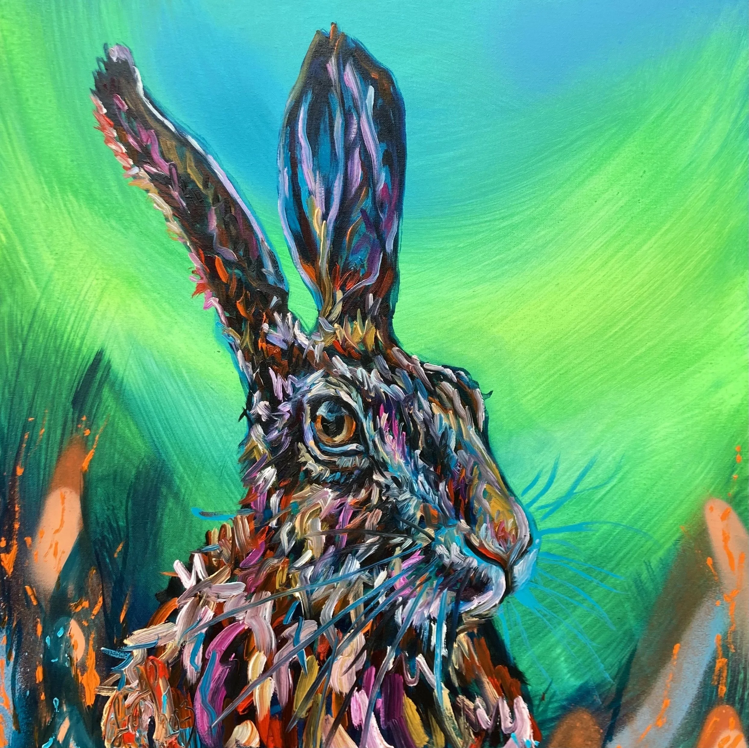 'Hare 2' 60 x 60cm | A second mischievous hare dancing with colour | SOLD