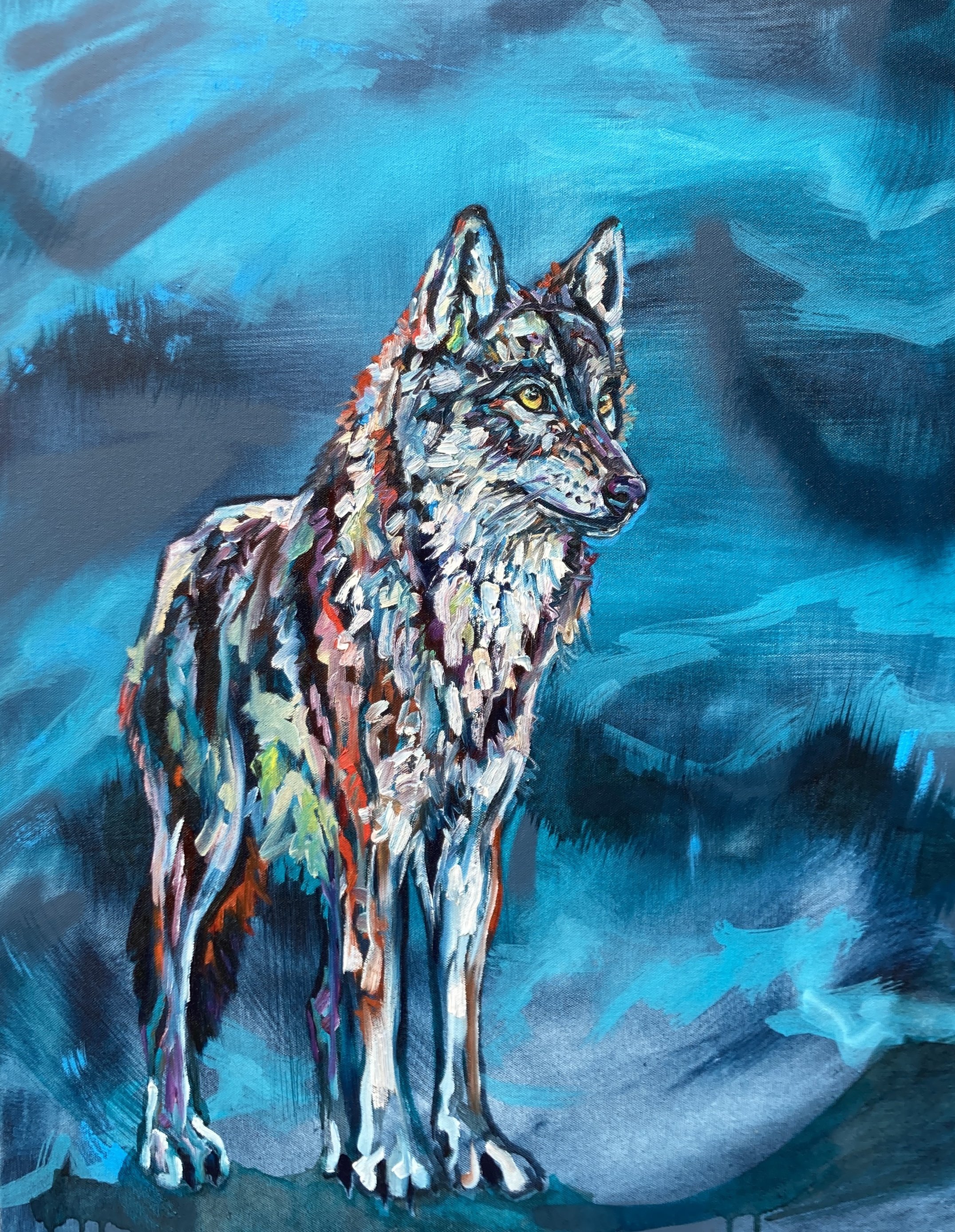 'Lookout' 60 x 75cm | Full body wolf set amongst an atmospheric landscape | SOLD