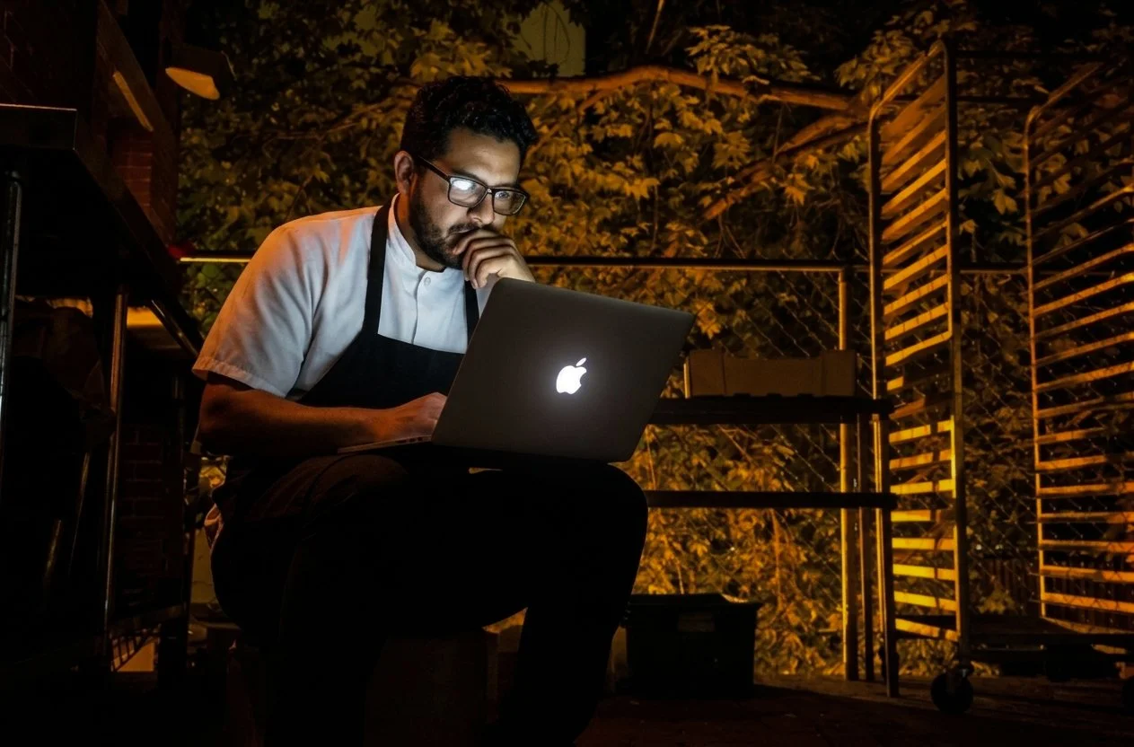 restaurant chef working on his computer late after Friday night service