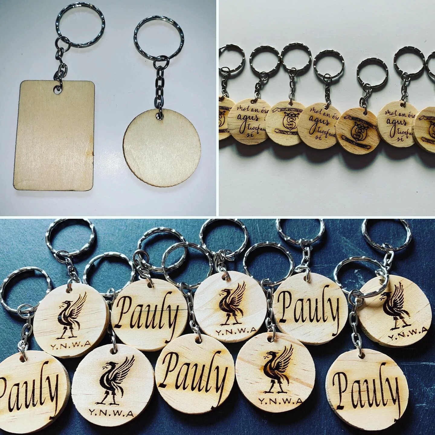 Key rings back in stock. The two styles we have in stock are shown in the top left hand picture.  Also shown are two previous sets of key rings we have made, one remembering a very special friend. 

Key rings start at &euro;4 and we are very happy to