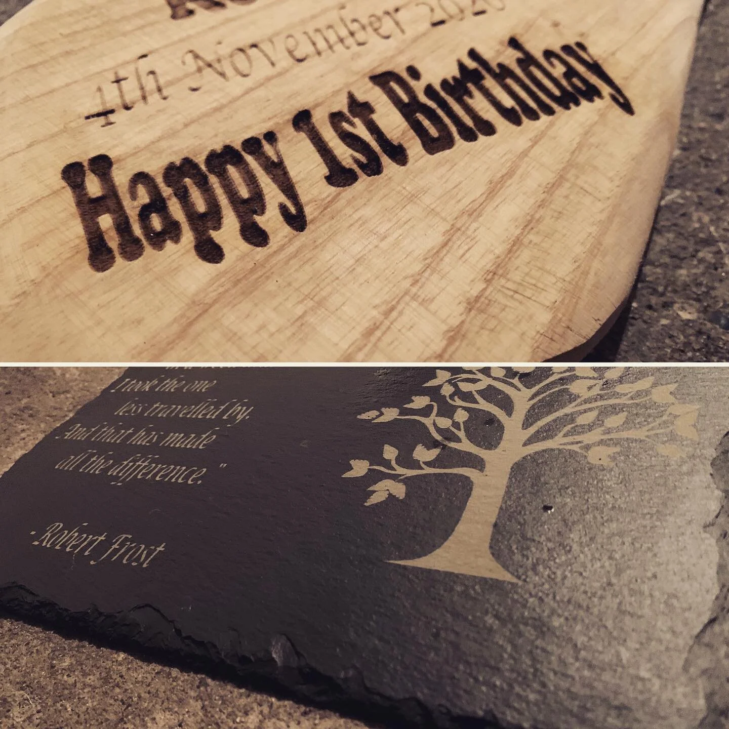 A first birthday present and a retirement present ordered recently.  A personally engraved Irish ash hurl and a verse of a favourite poem engraved on to our slate, with a message inscribed on the back. 

These are huge moments in people&rsquo;s lives