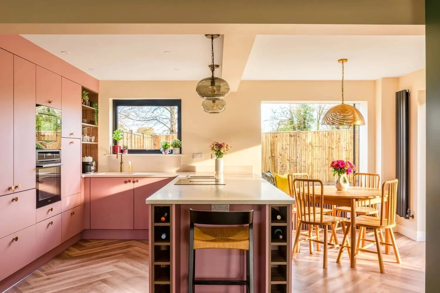 Katherine's vibrant pink open-plan kitchen in Lindfield