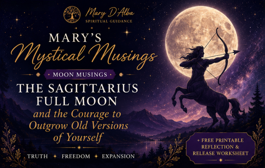 Explore the spiritual meaning of the Sagittarius Full Moon, emotional themes, release work, tarot reflections, and personal transformation with Mary D’Alba. Includes a free printable Full Moon reflection worksheet.