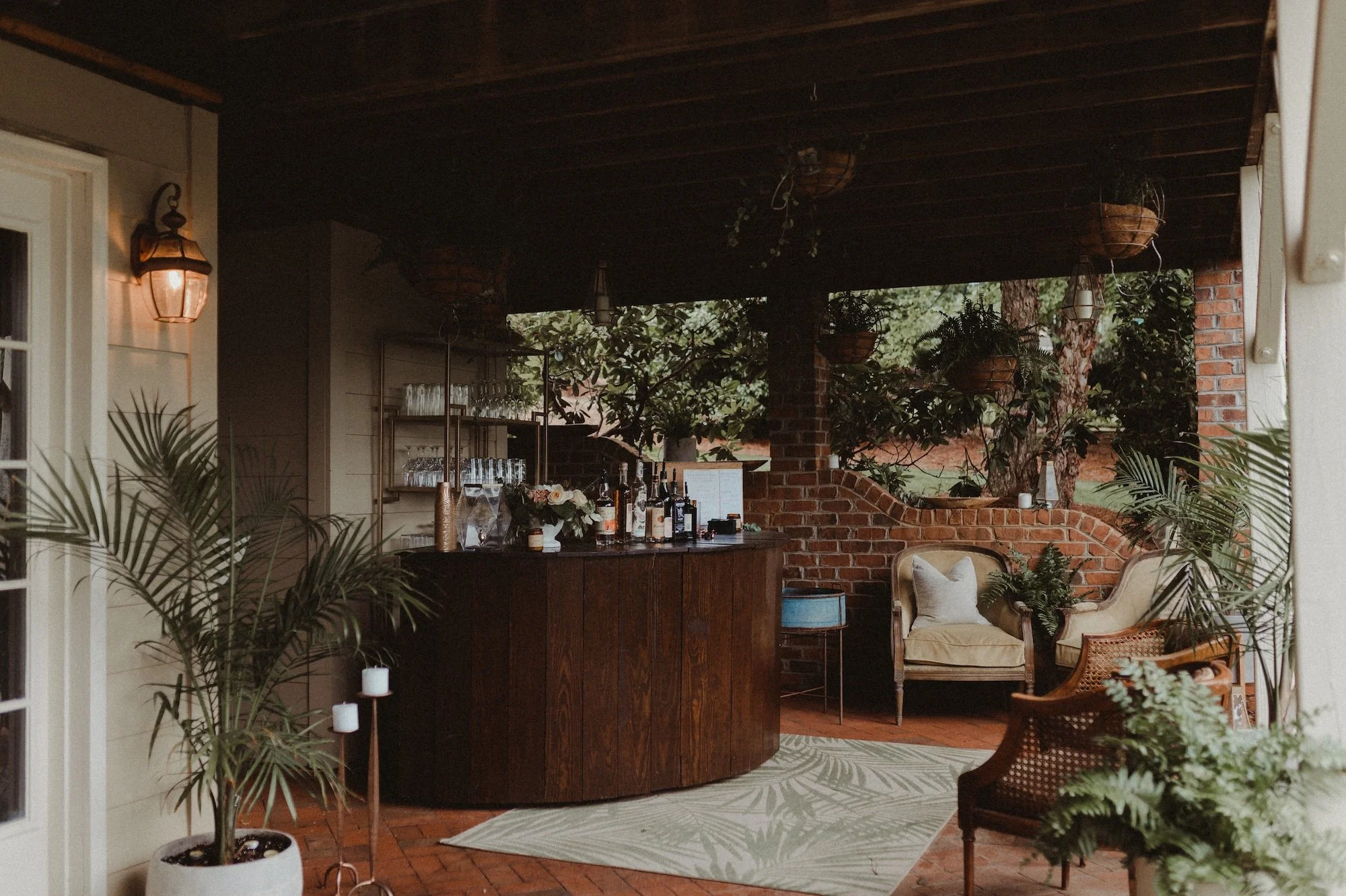 Bar and sitting area ready for wedding reception guests, 2019 |  Staging: Greenhouse Picker Sisters; Photo: House of Ivy 