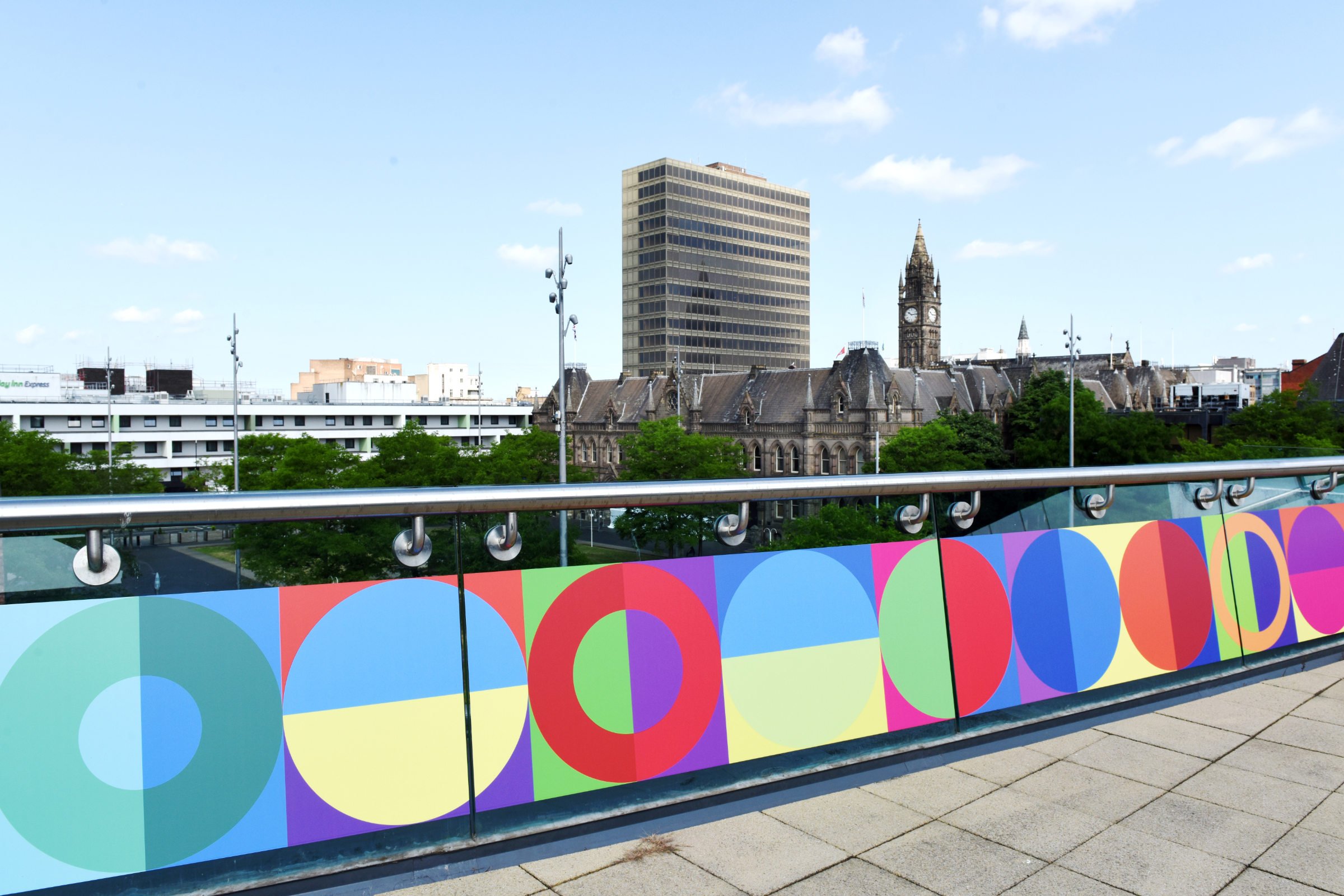 Image of shemza.digital #15, a large-scale geometric window vinyl installation created for MIMA's Roof Terrace using collaboratively designed digital artworks.