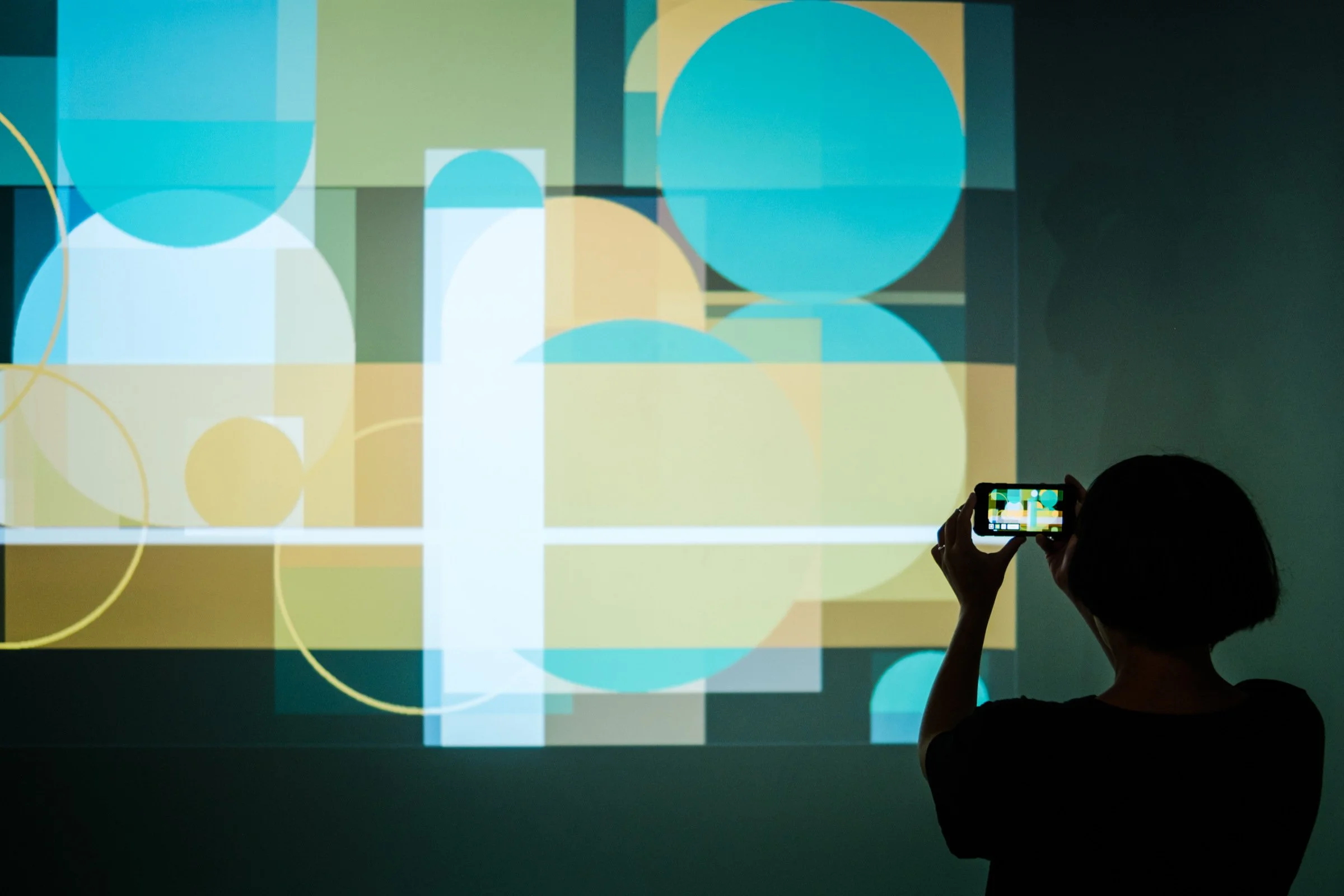 Visitor creating a digital painting on a mobile phone while interacting with the projected artwork in shemza.digital #3.