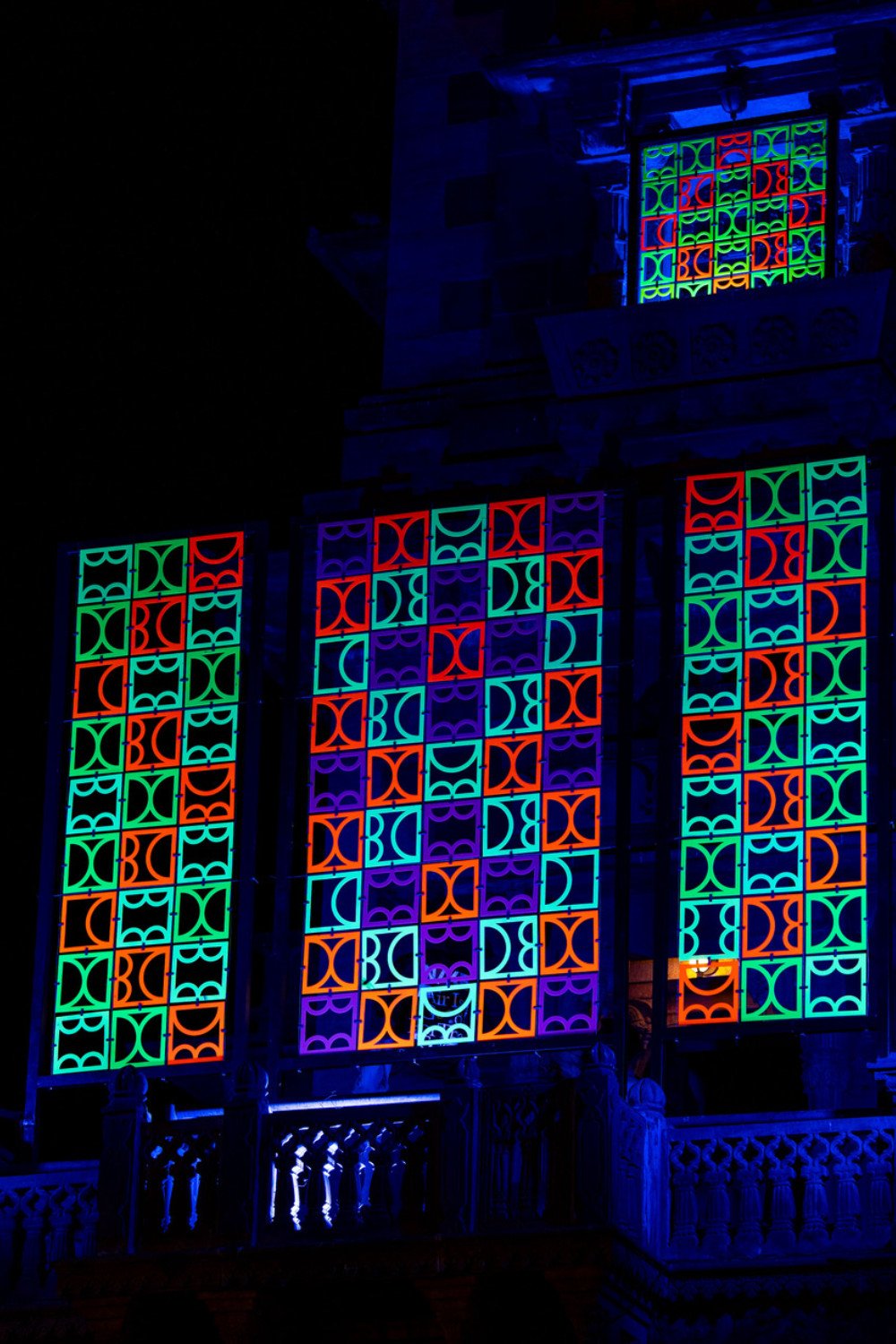 Close-up of fluorescent Perspex geometric forms inspired by local architecture and the work of Anwar Jalal Shemza in shemza.digital #17 by Aphra Shemza.