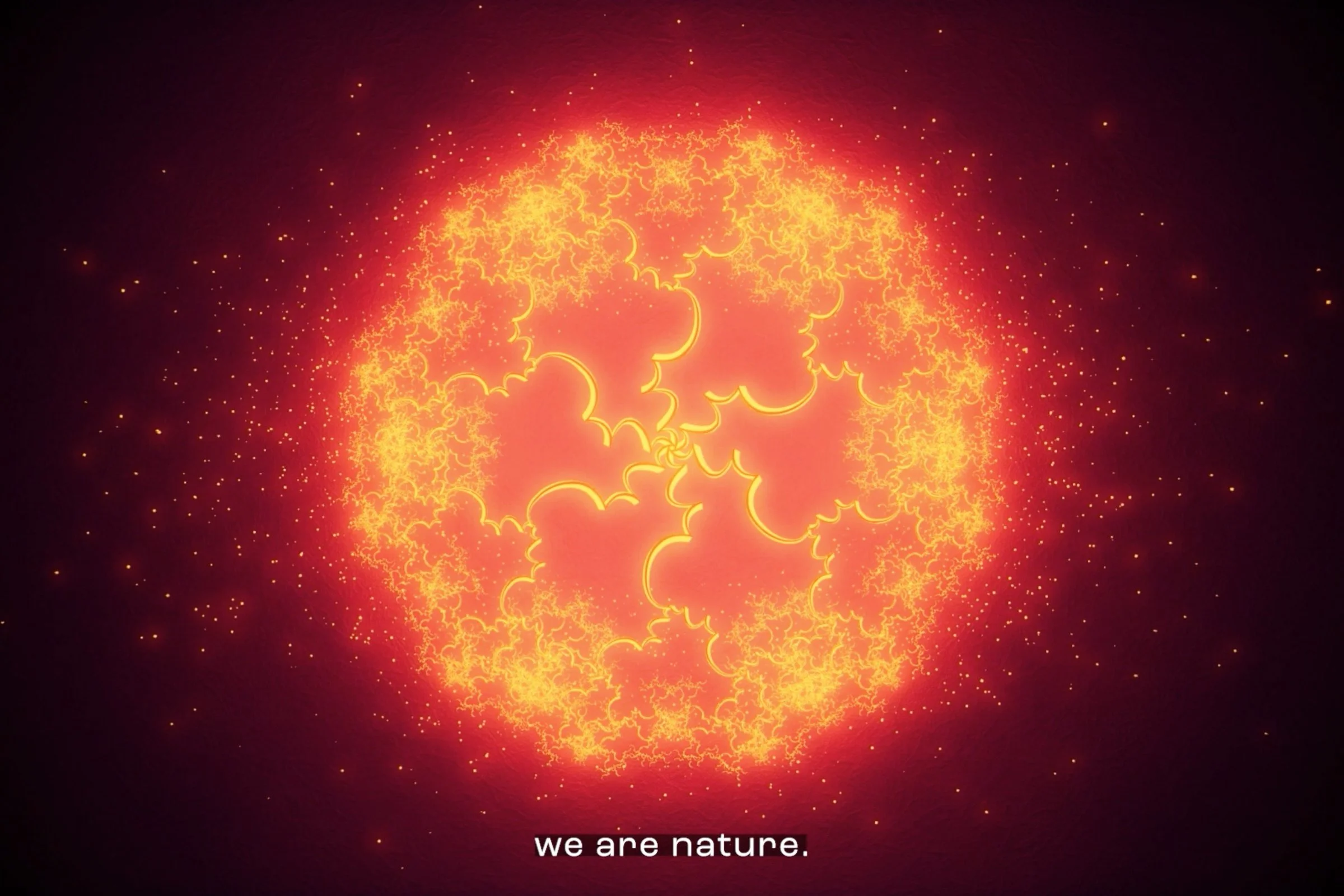 Still from shemza.digital roots #1 displaying the words "we are nature" alongside a glowing red circular calligraphic form from the audiovisual meditation artwork.