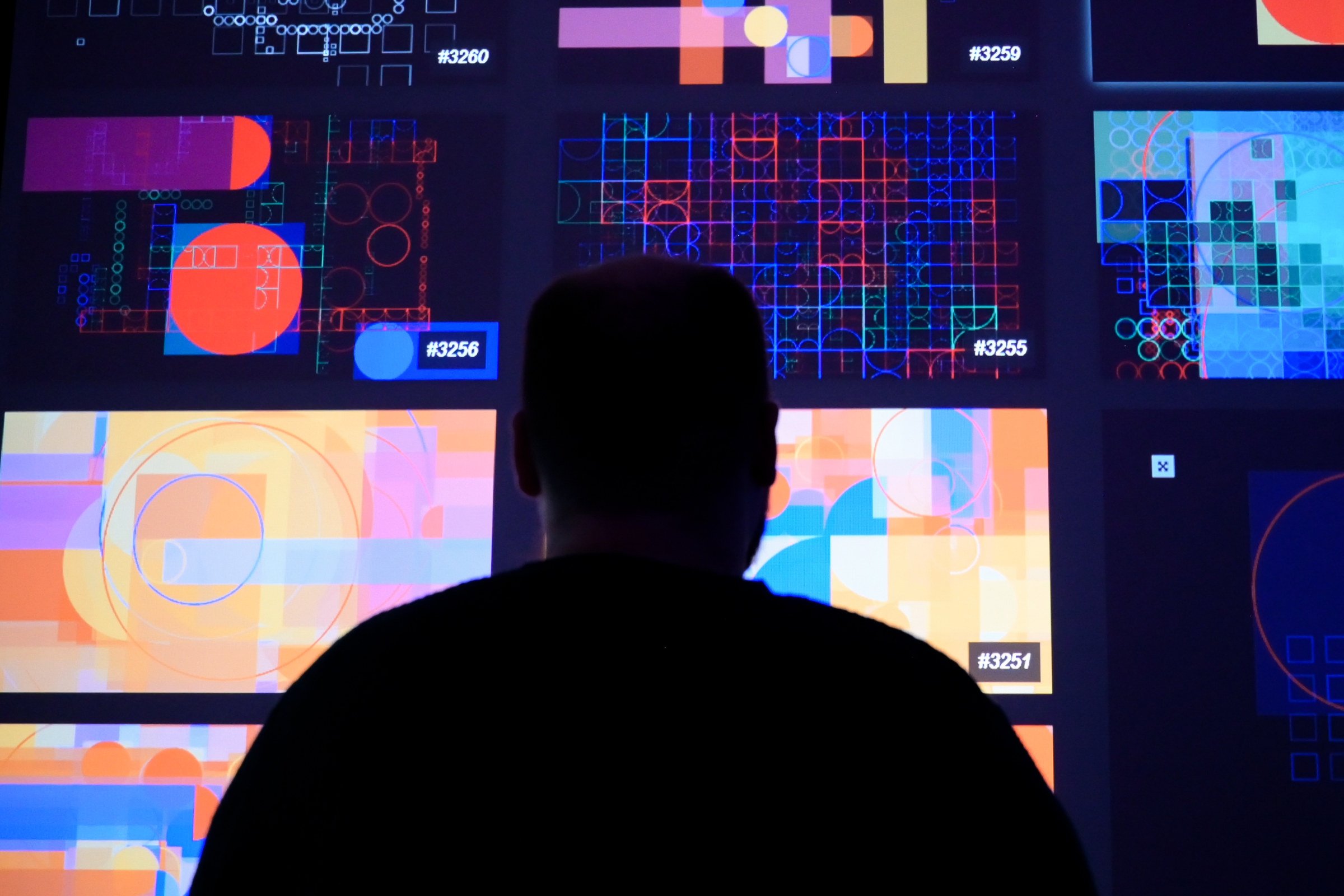 Silhouette of a visitor viewing the live digital archive projection in shemza.digital #8, an interactive artwork created through public participation.