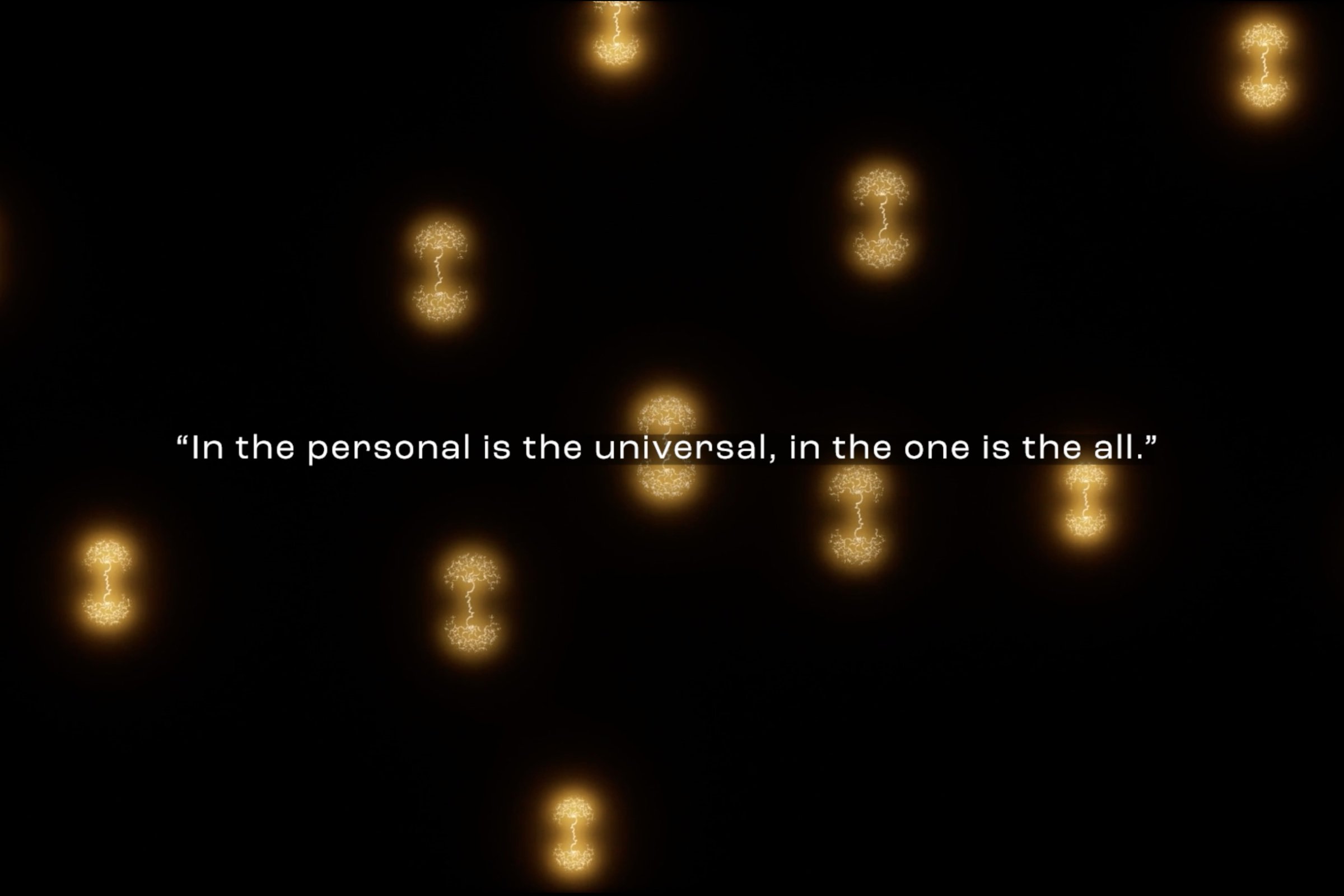 Still from shemza.digital roots #1 featuring the meditation text "in the personal is the universal, in the one is the all" surrounded by glowing yellow calligraphic roots on a black background.