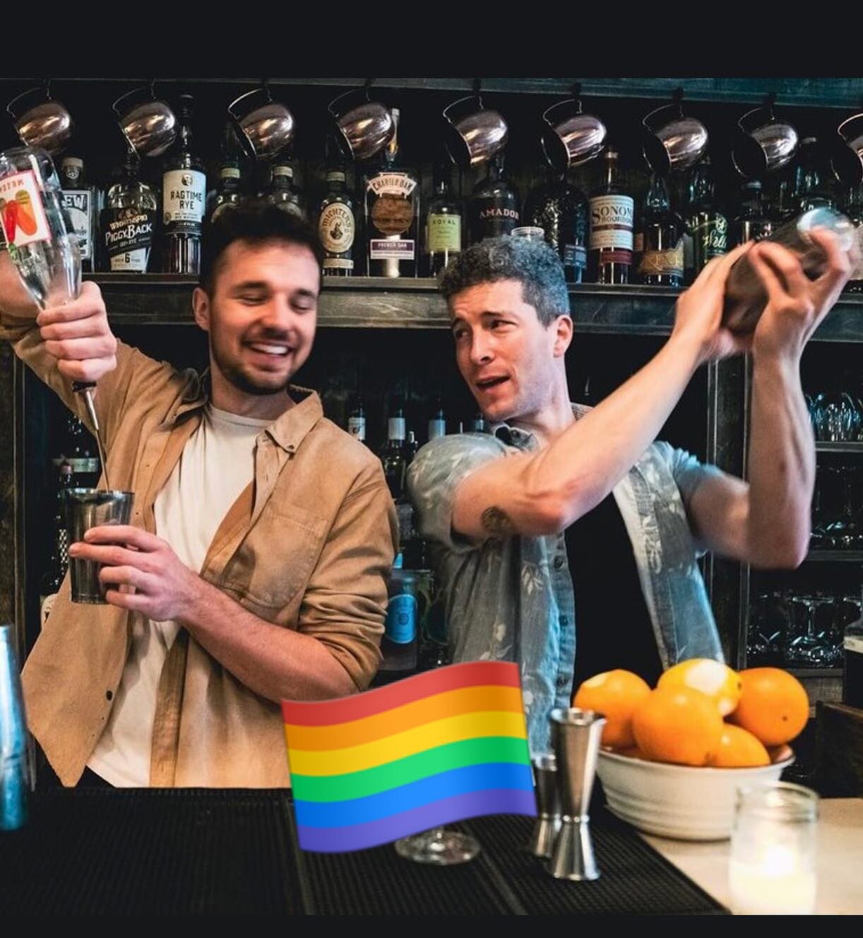 Happy Pride!!! If you&rsquo;re out and about today come hang. Also it&rsquo;s the last night these two will be behind the bar together as Marty is moving on to explore greener pastures. Come by for a Pina Colada and wish him well. 

#pridemonth #prid