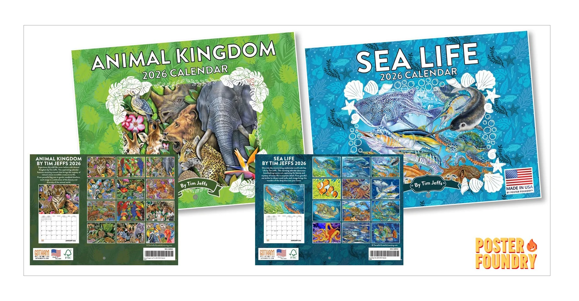 2026 Wall Calendars by Poster Foundry of Sea Life and the Animal Kingdom.