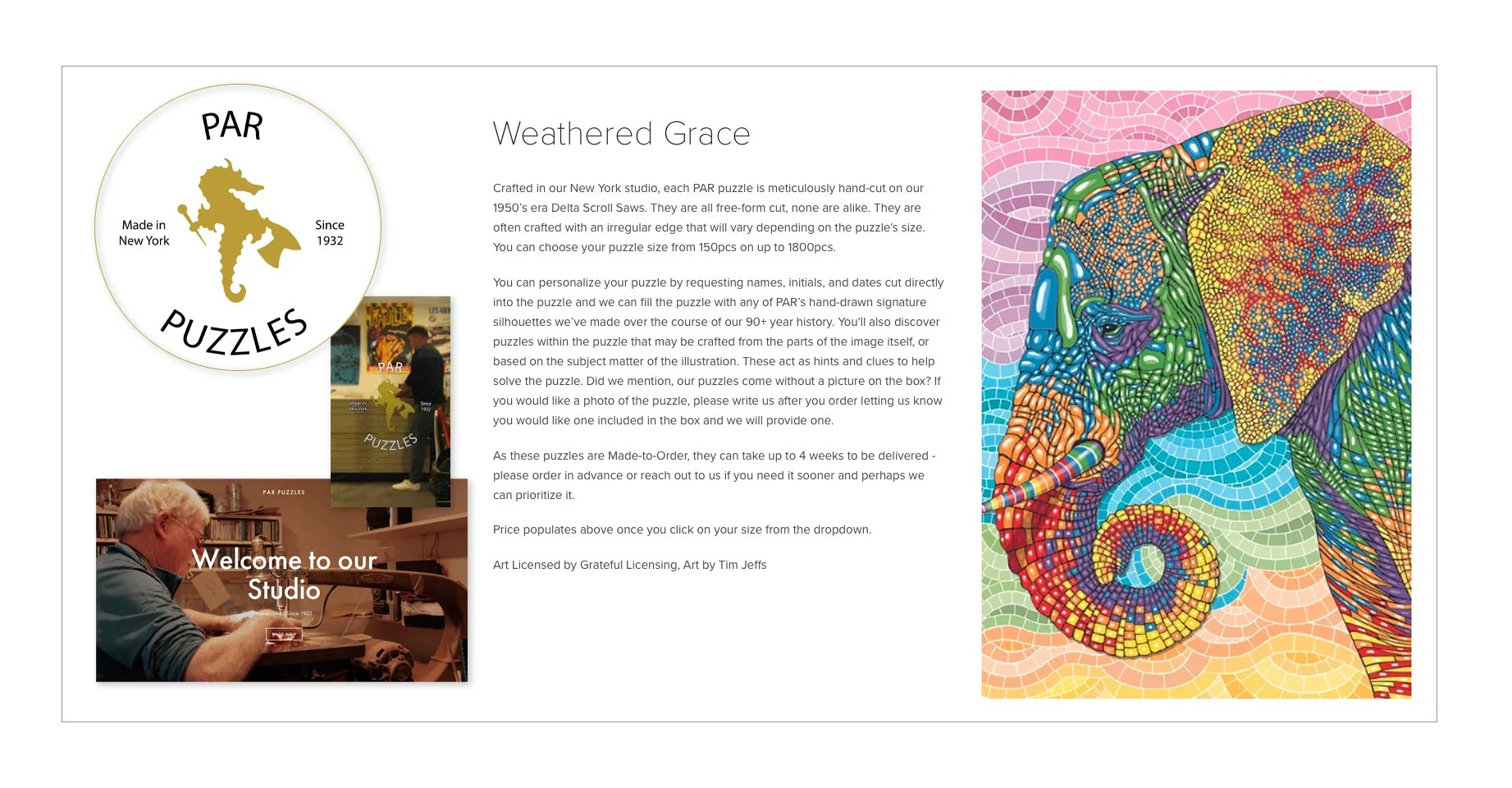 Hand crafted and hand cut wooden jigsaw puzzle called "Weathered Grace" by Par Puzzles of New York.