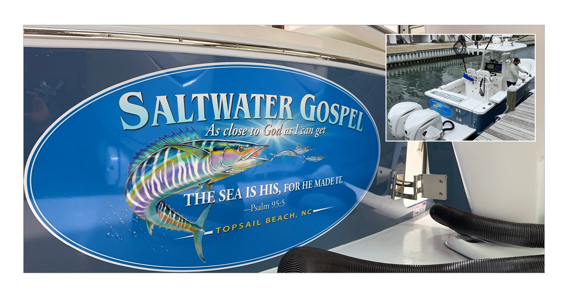 Saltwater Gospel transom artwork on a new 28 foot Regulator out of Topsail Beach North Carolina.