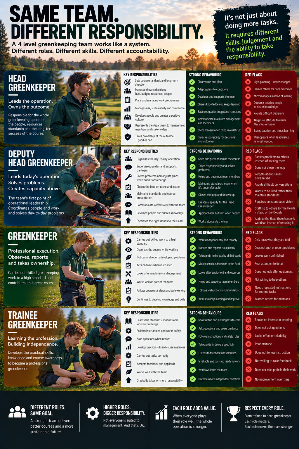 Greenkeeping team hierarchy showing the responsibilities, strong behaviours and red flags for Head Greenkeeper, Deputy Head Greenkeeper, Greenkeeper and Trainee Greenkeeper.