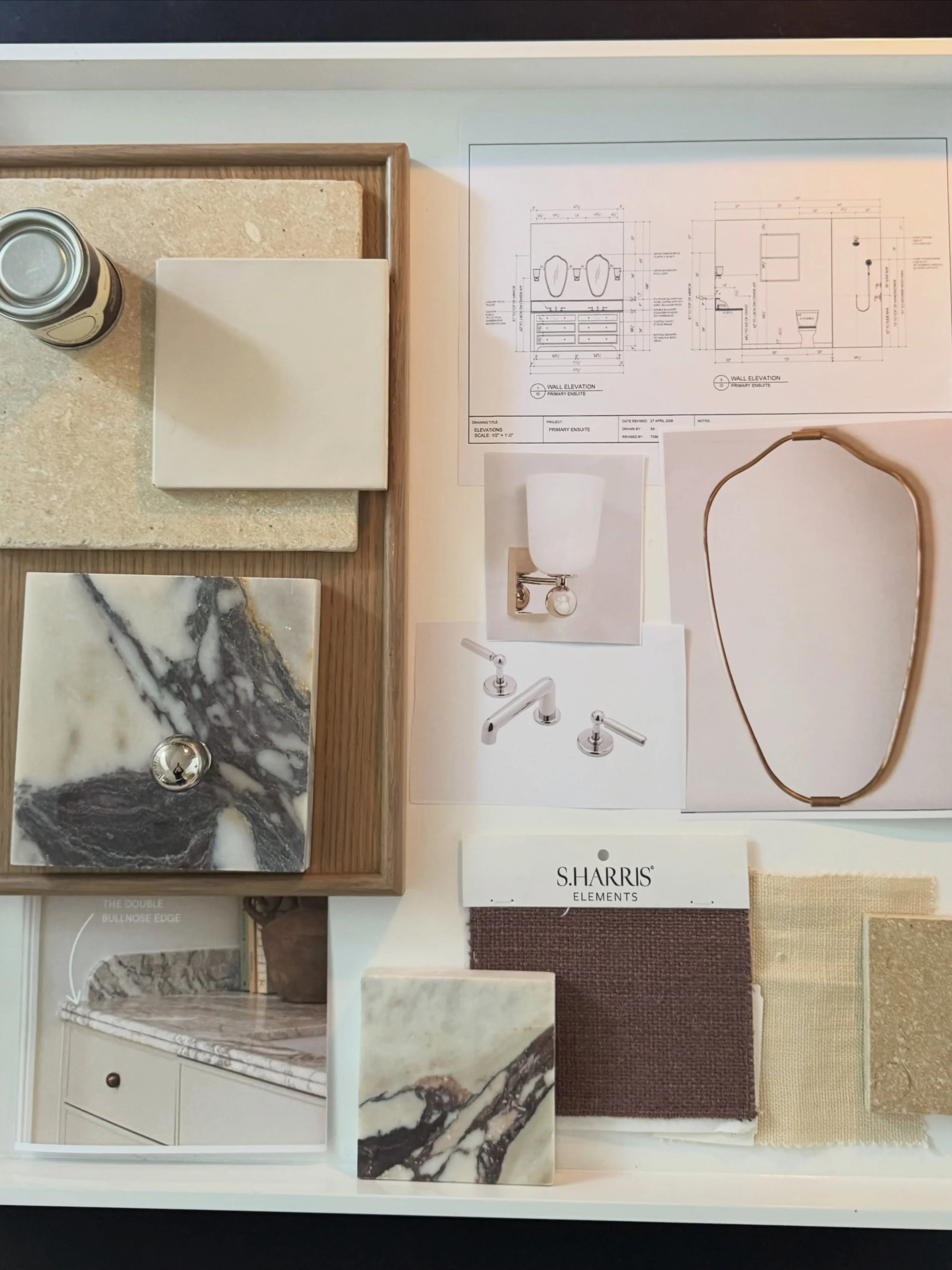 One of our current projects at Thomas Design and Build is really beginning to take shape. Today, I&rsquo;m sharing a glimpse of the primary ensuite and walk-in closet.
The bathroom pairs timeless materials with thoughtful detailing: a tumbled soapsto