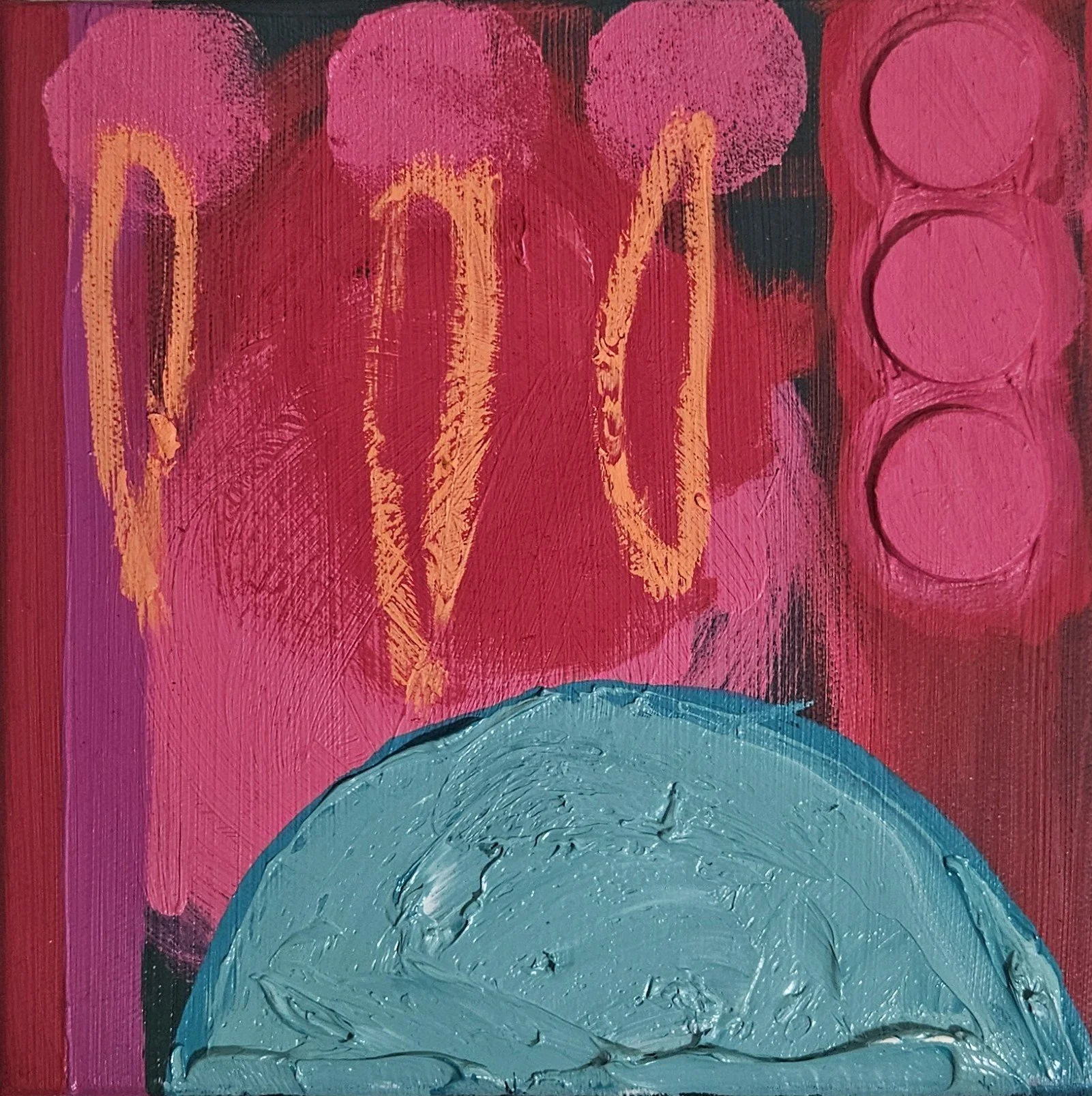 thick red, pink and aqua blue  paint with abstract mark making in circle shapes