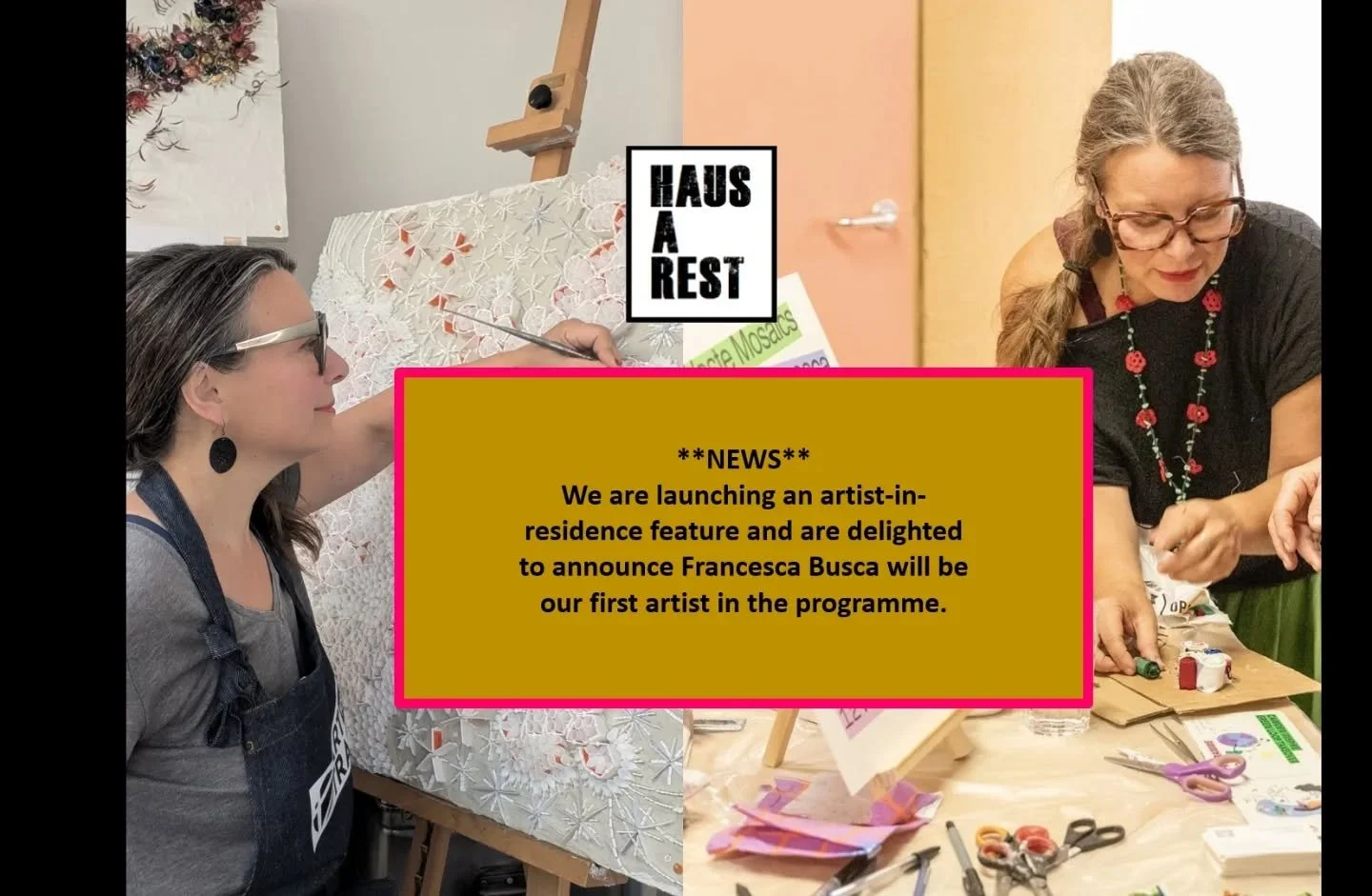 // Breaking News ... Haus-a-rest announce ...///
Our first artist-in-residence, Francesca Busca who will be presenting three video sessions that show how you can create amazing artworks using waste and recycled materials.
The series "Ecoartivi