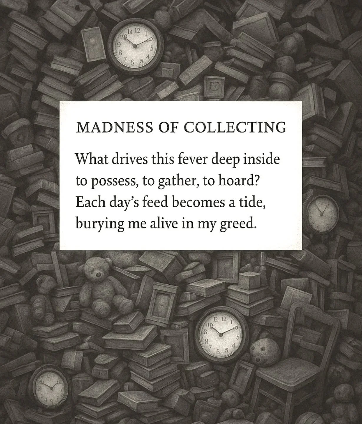 // Issue 66 - Accumulation //
Artist: The Poetry Beast
@the_poetry_beast
https://www.facebook.com/thepoetrybeast
@thepoetrybeast
https://thepoetrybeast.bandcamp.com/
Description: Madness of Collecting visualises the psychological weight of accumulat