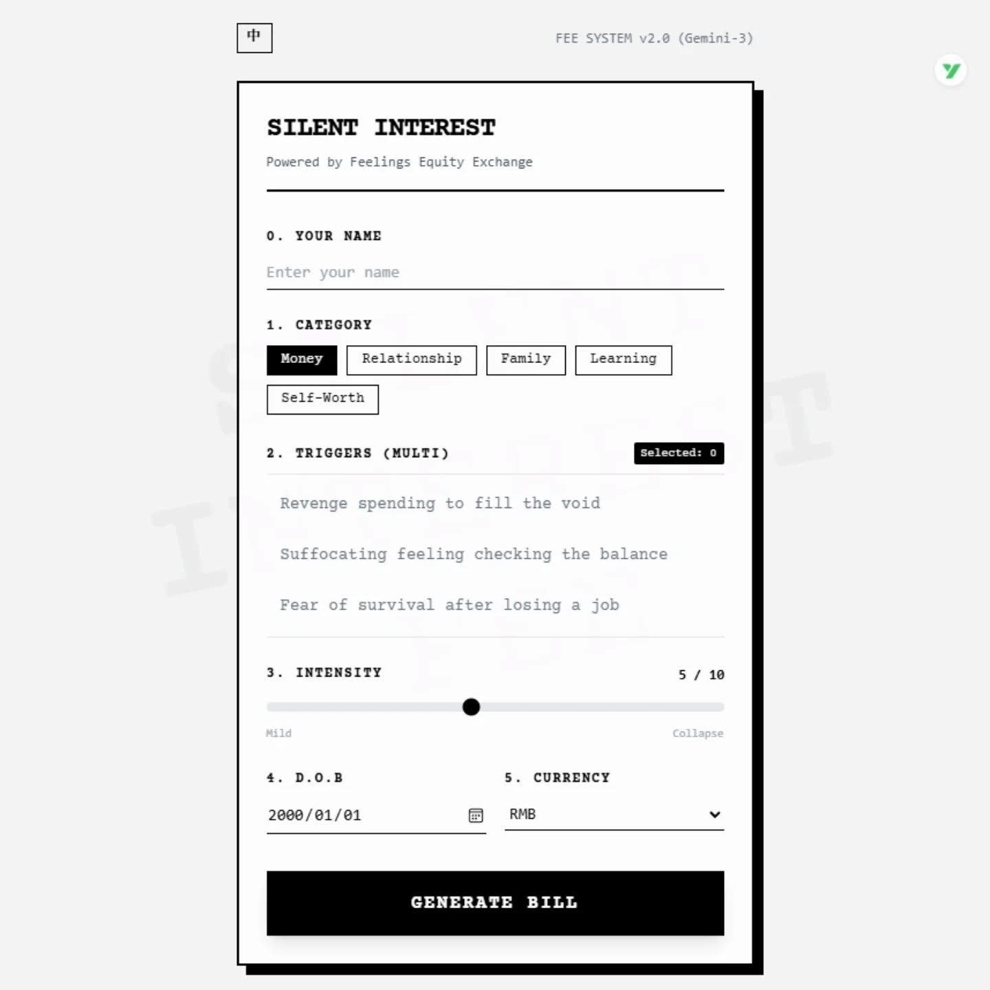// Issue 68 - Small Acts //

Artist: Jie Huang

www.jsusya.com

@jsusyart
&ldquo;Silent Interest&rdquo; is an ongoing conceptual project that translates emotional experiences into the structure of a financial ledger. Inspired by the logic of compound