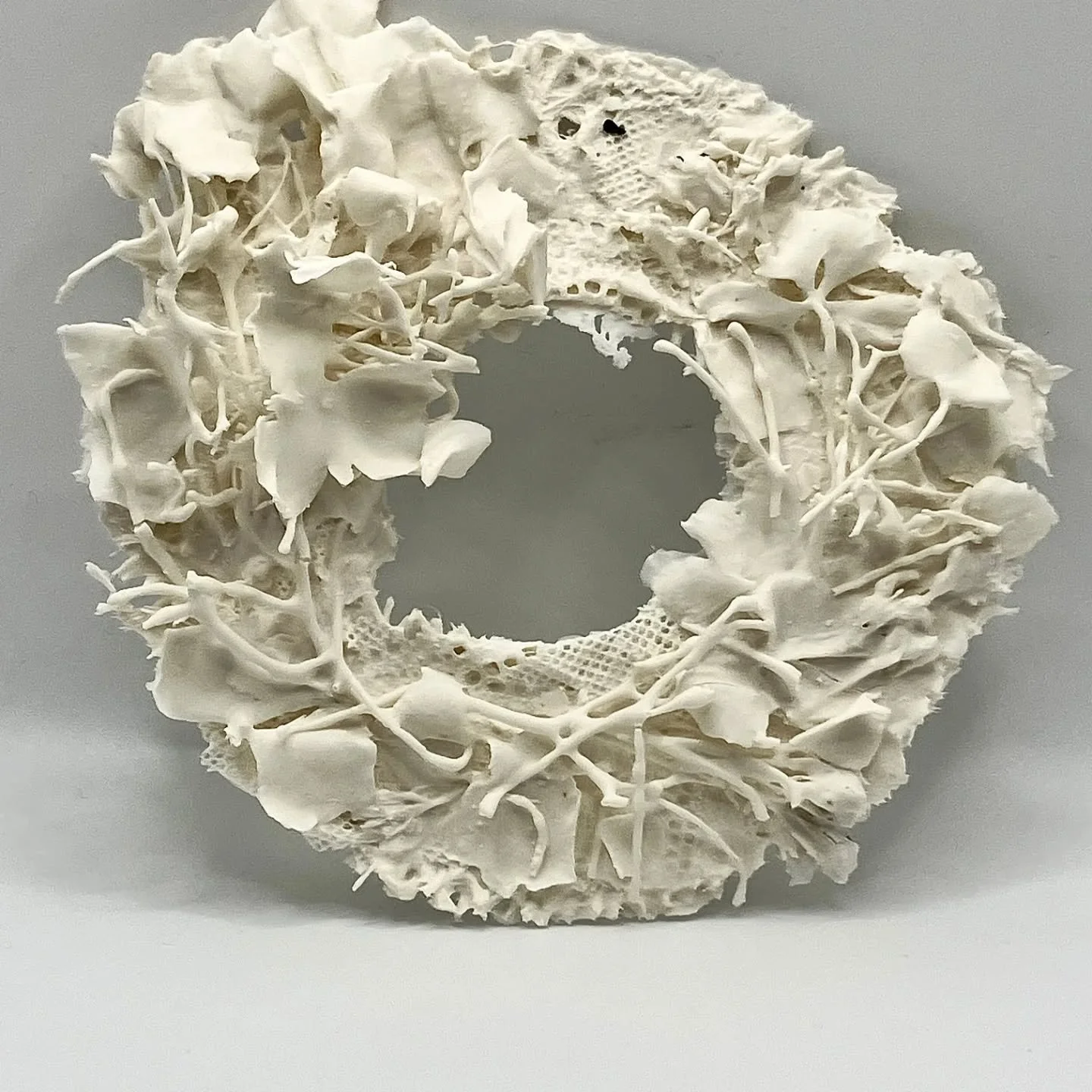 // Issue 69 - Foraging - Nature as an art practice //

Artist: Lisa McEleny

https://www.lisamceleny.co.uk/

@isamceleny_art

Burlap, hydrangea and lace wreath encased in porcelain slip and then subjected to the intensity of the kiln. In the firing, 