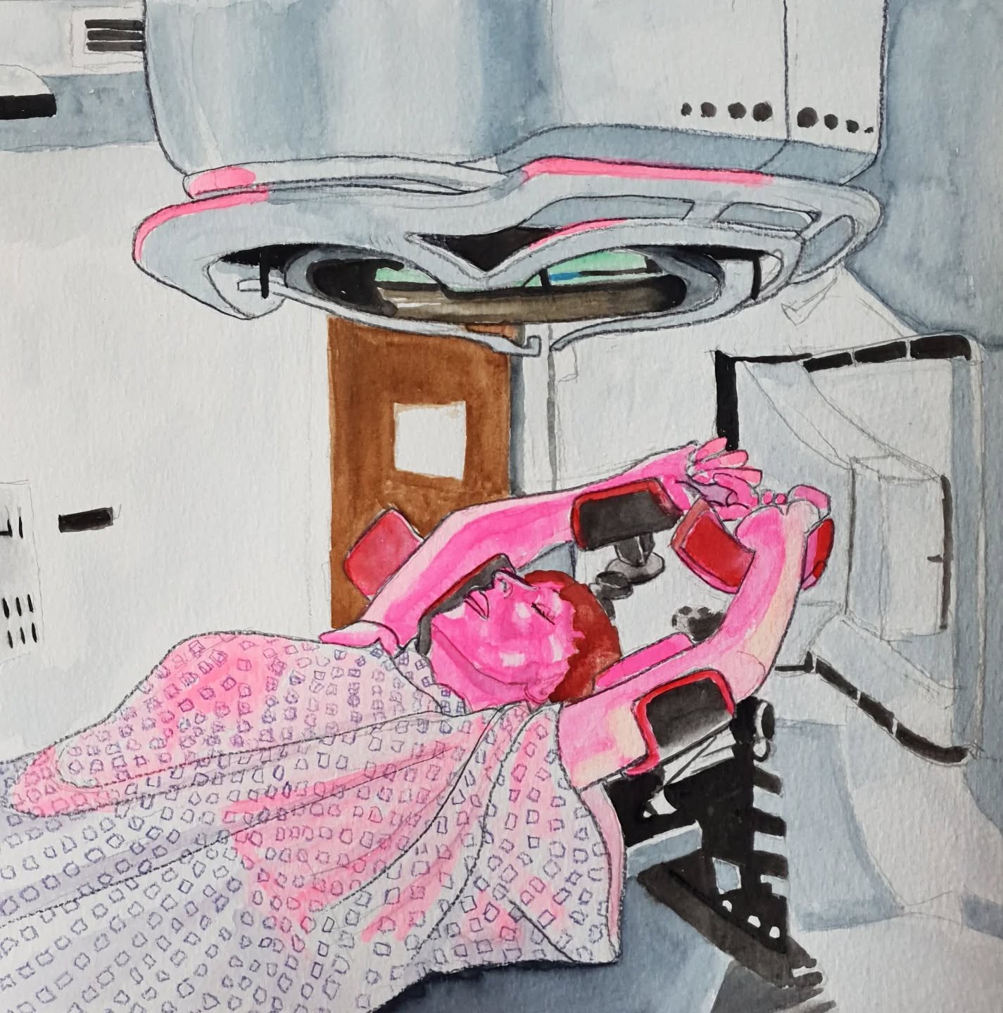 // Issue 70 - The Fragmented Body //

Artist: Barbara Hulme

https://barbarahulmefineartist.com/
@barbara.hulme

Linked in  https://www.linkedin.com/in/barbara-hulme-104b35264/

Self Portrait - Radiotherapy Room
Description: 25 x 25 cm - Watercolour 