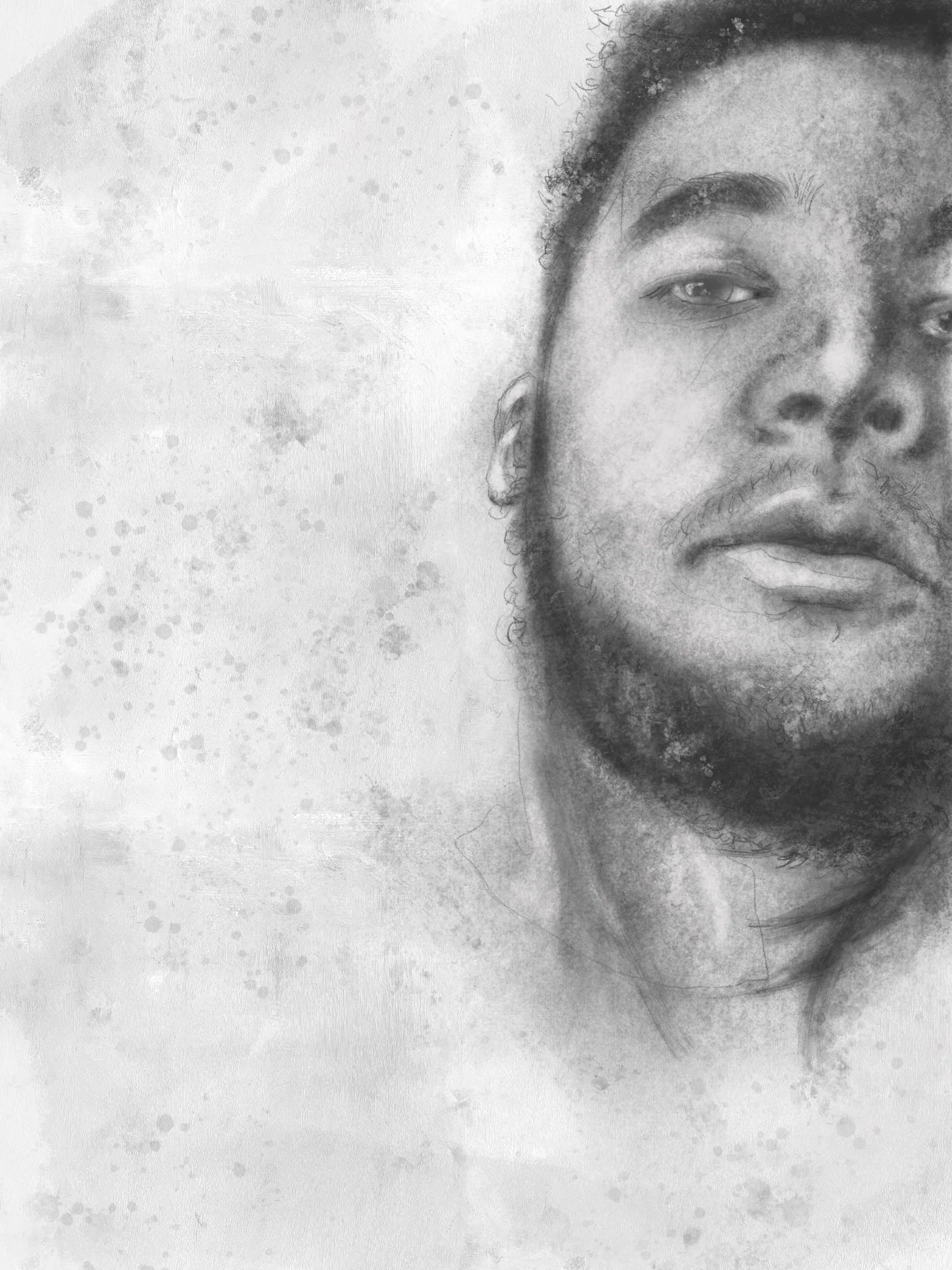 [Image Description: Black and white self-portrait painting of a man's face looking forward with beard and curly hair.]