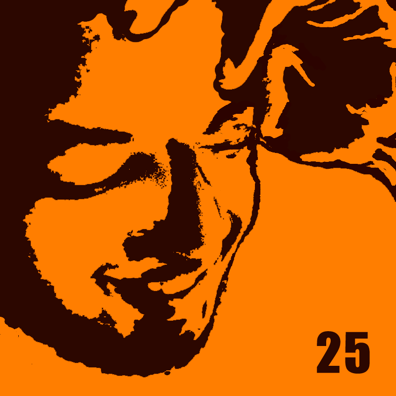 [Image Description: A silhouette of a man smiling with his hand on his head and the number 25 in dark auburn on a warm orange background.]