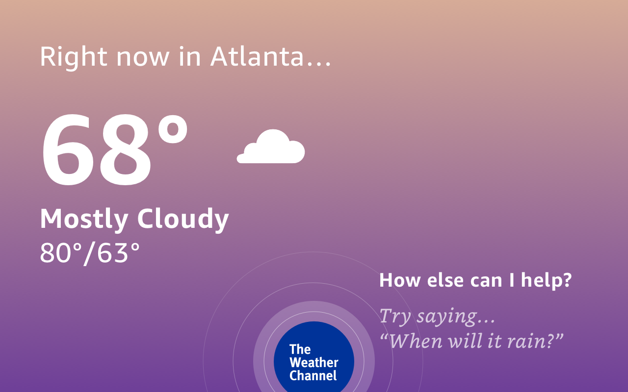 Right now, in Atlanta, Georgia, it’s 68 degrees and mostly cloudy. Later, expect a high temperature of 80 degrees and a low of 63. Chance of rain is 0%.