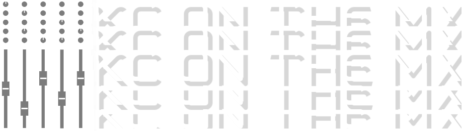 Text overlay on a black background that says "KCON THE M" repeatedly, with a stylized, illuminated font in white and gray.