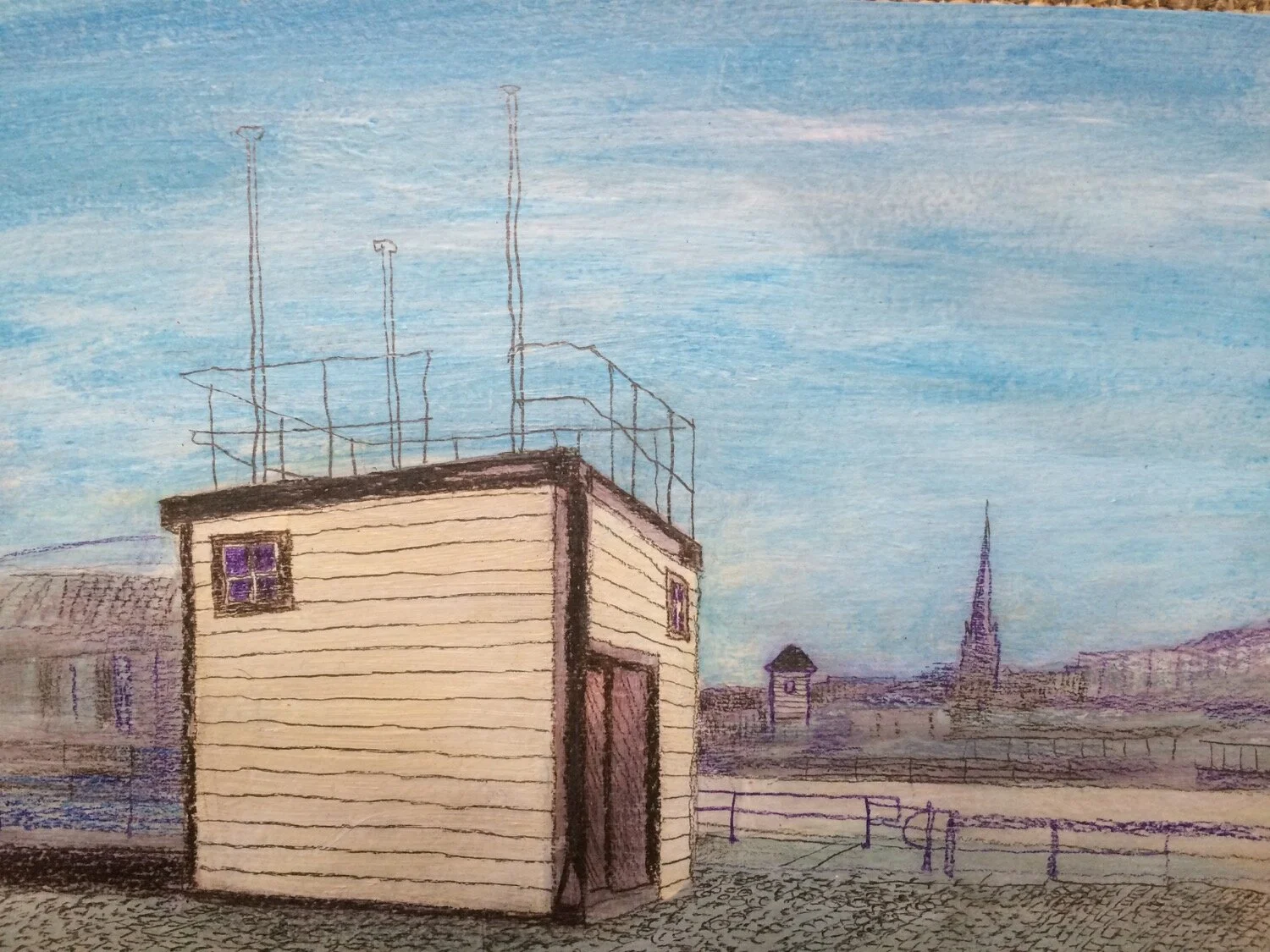 Docks storage building. Acrylic & pencil on ply panel. 15 x 20cm. Sold